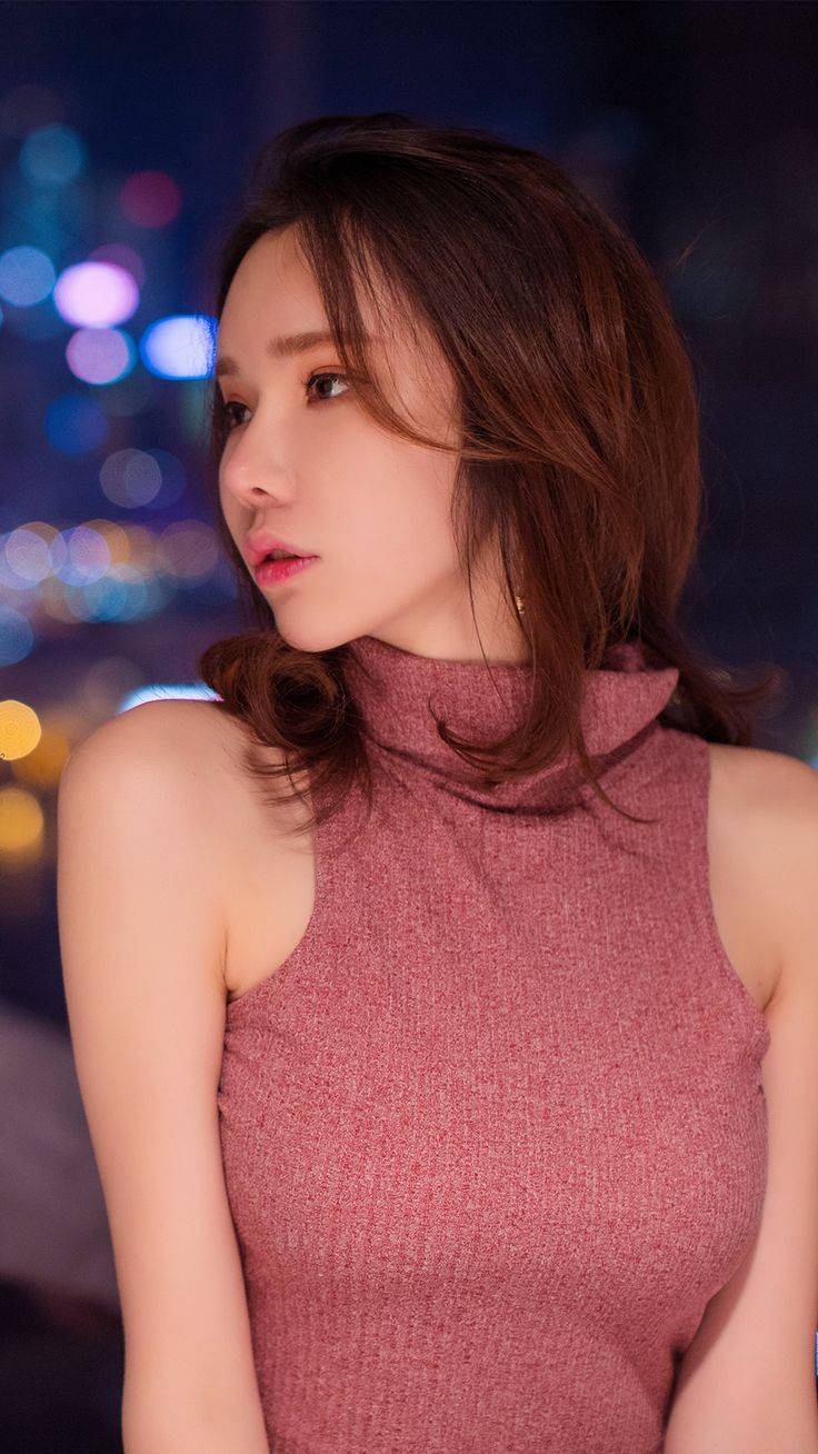 pink knit top, vibrant bokeh city night backdrop, woman, HD Phone Wallpaper
