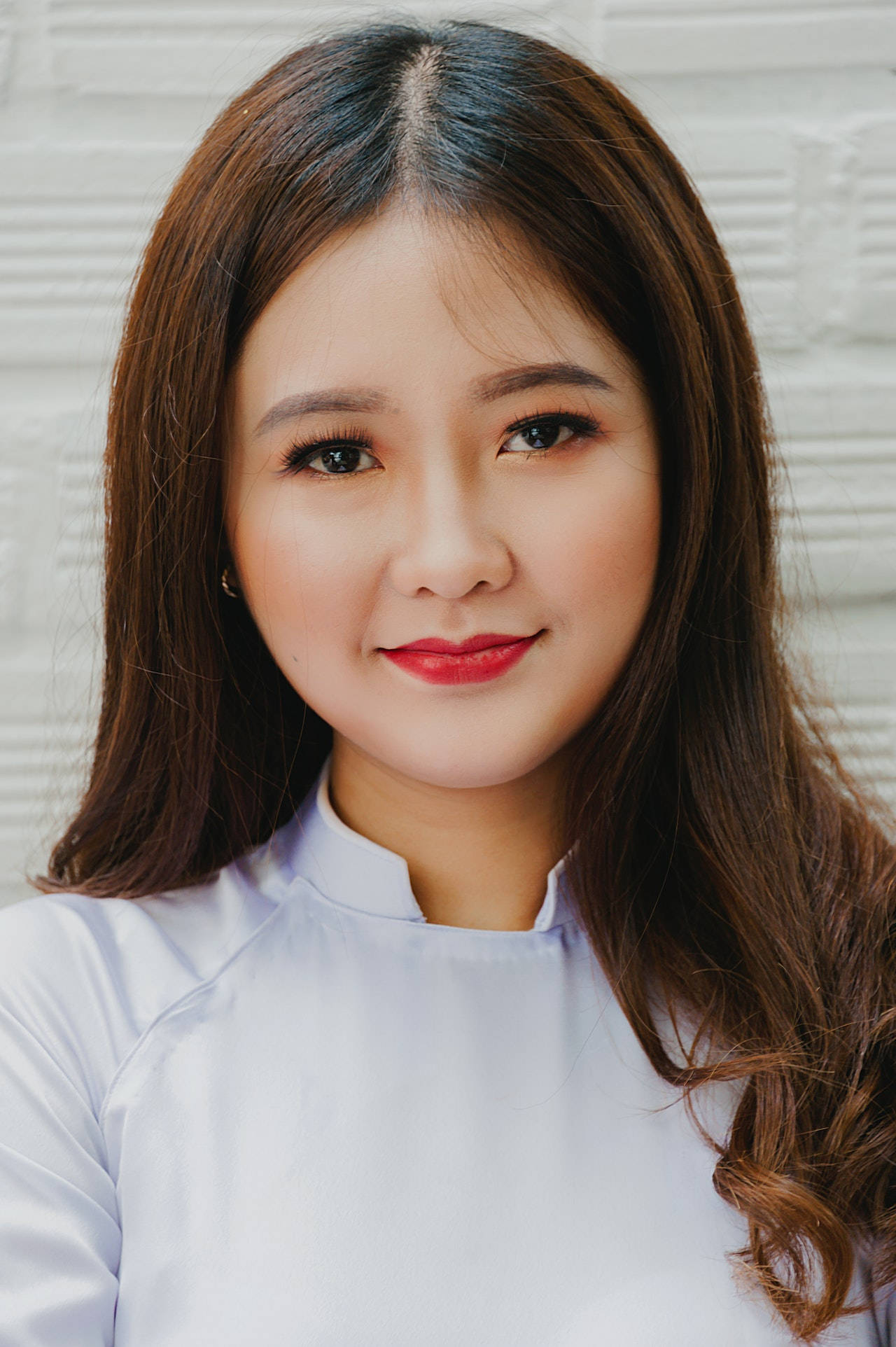 Asian woman, red lips, long brown hair, Full HD Phone Wallpaper