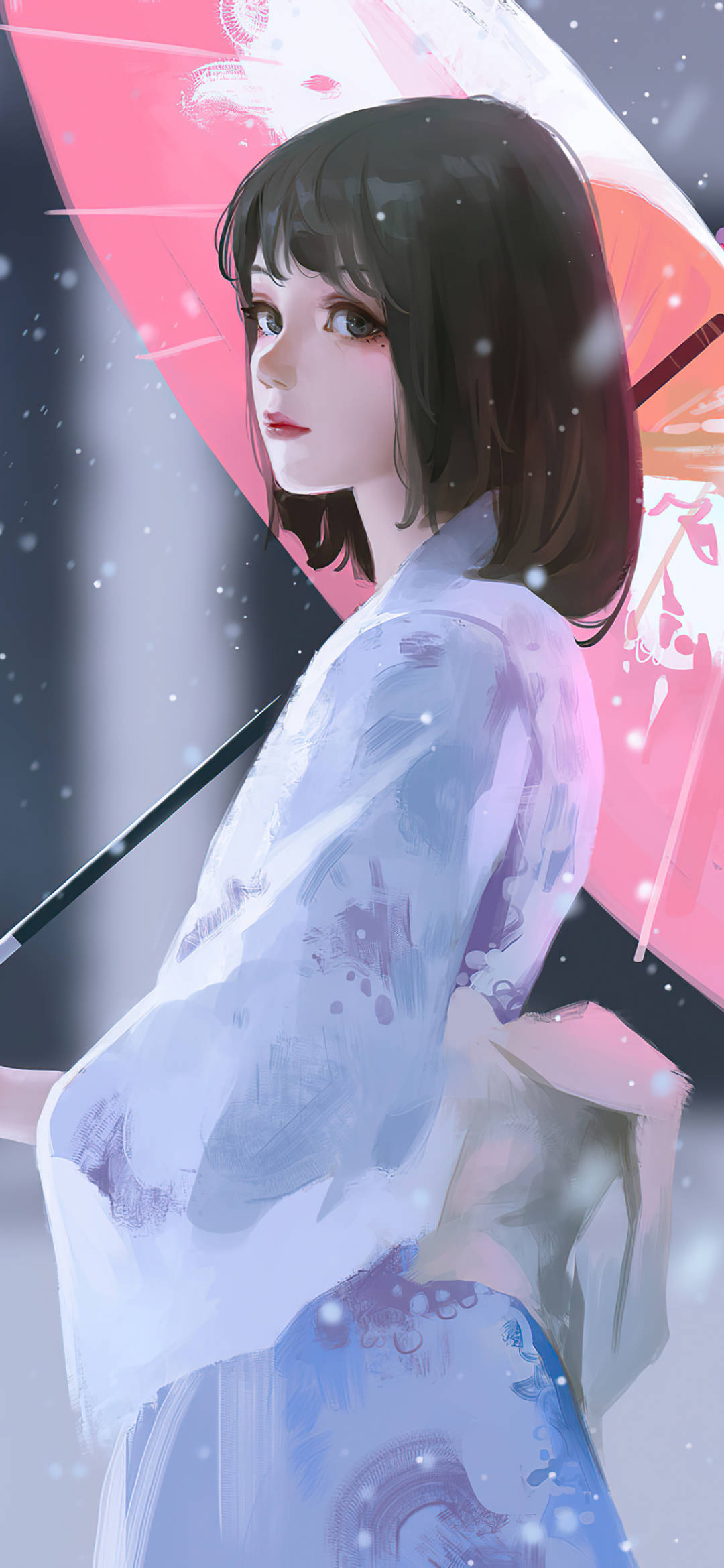 light blue kimono, pink umbrella, snowflakes, Full HD Phone Wallpaper