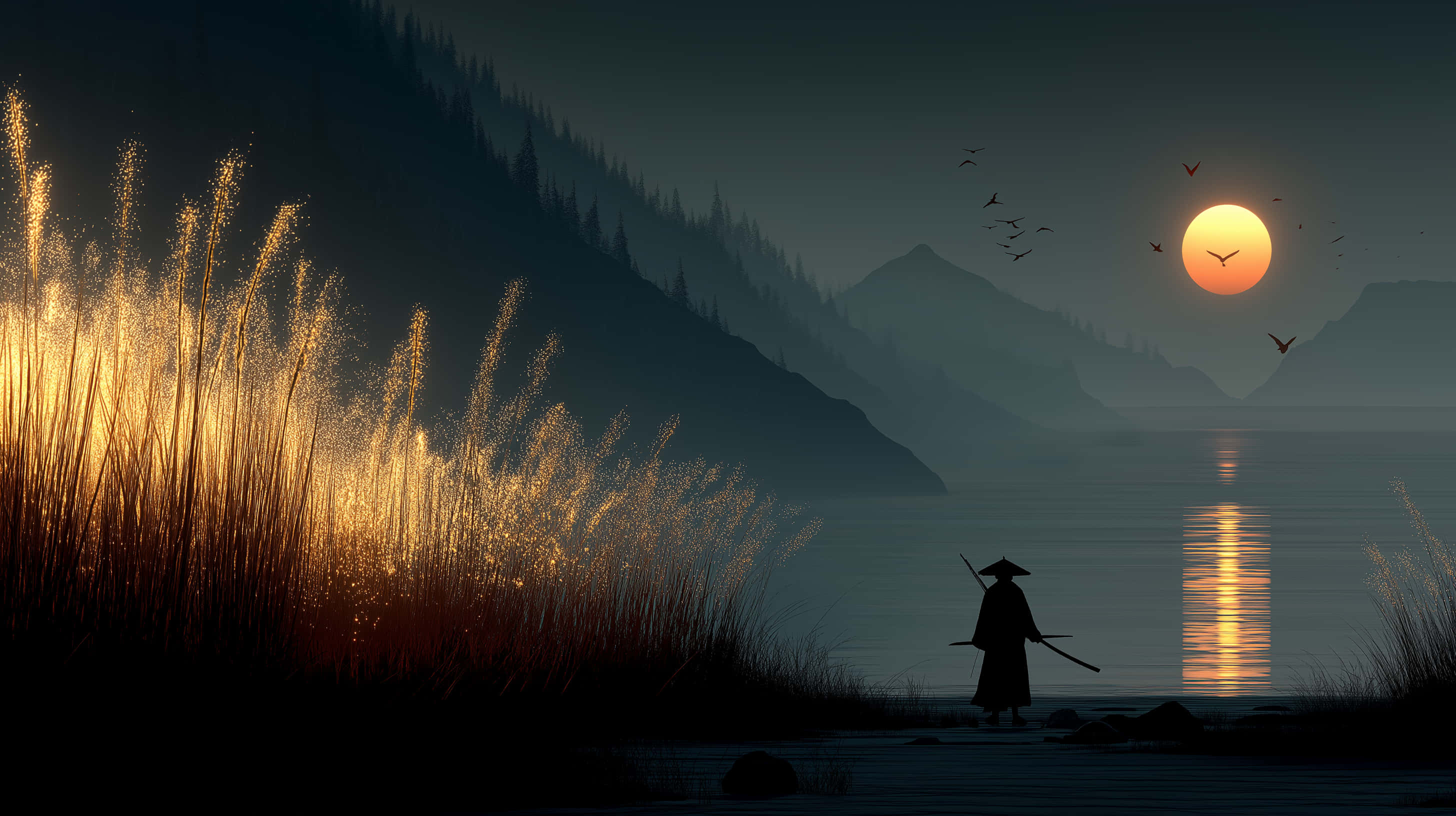 samurai figure, sunset, lake shore, 2K Desktop Wallpaper