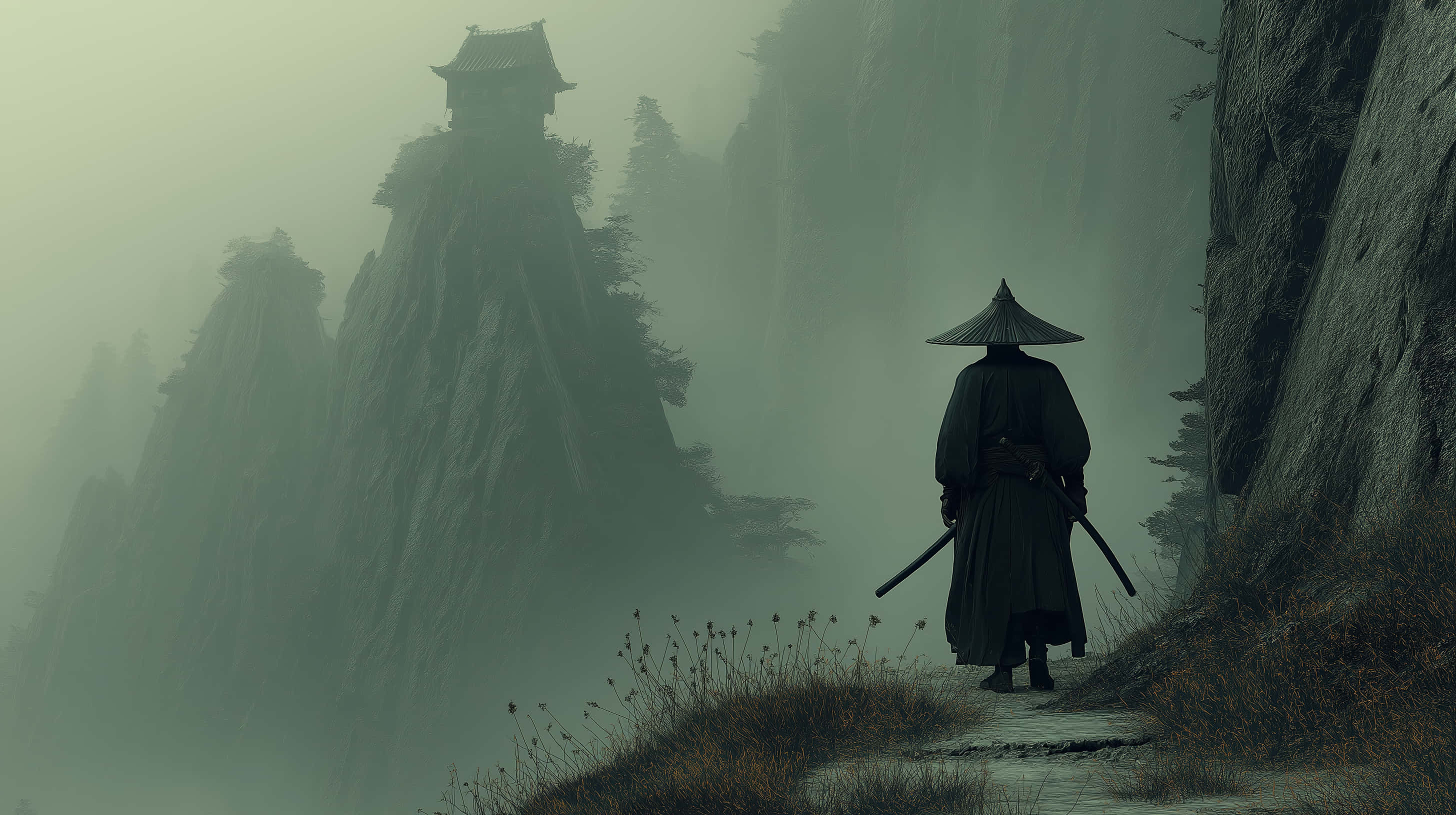 lone samurai, conical hat, misty mountain path, 2K Desktop Wallpaper