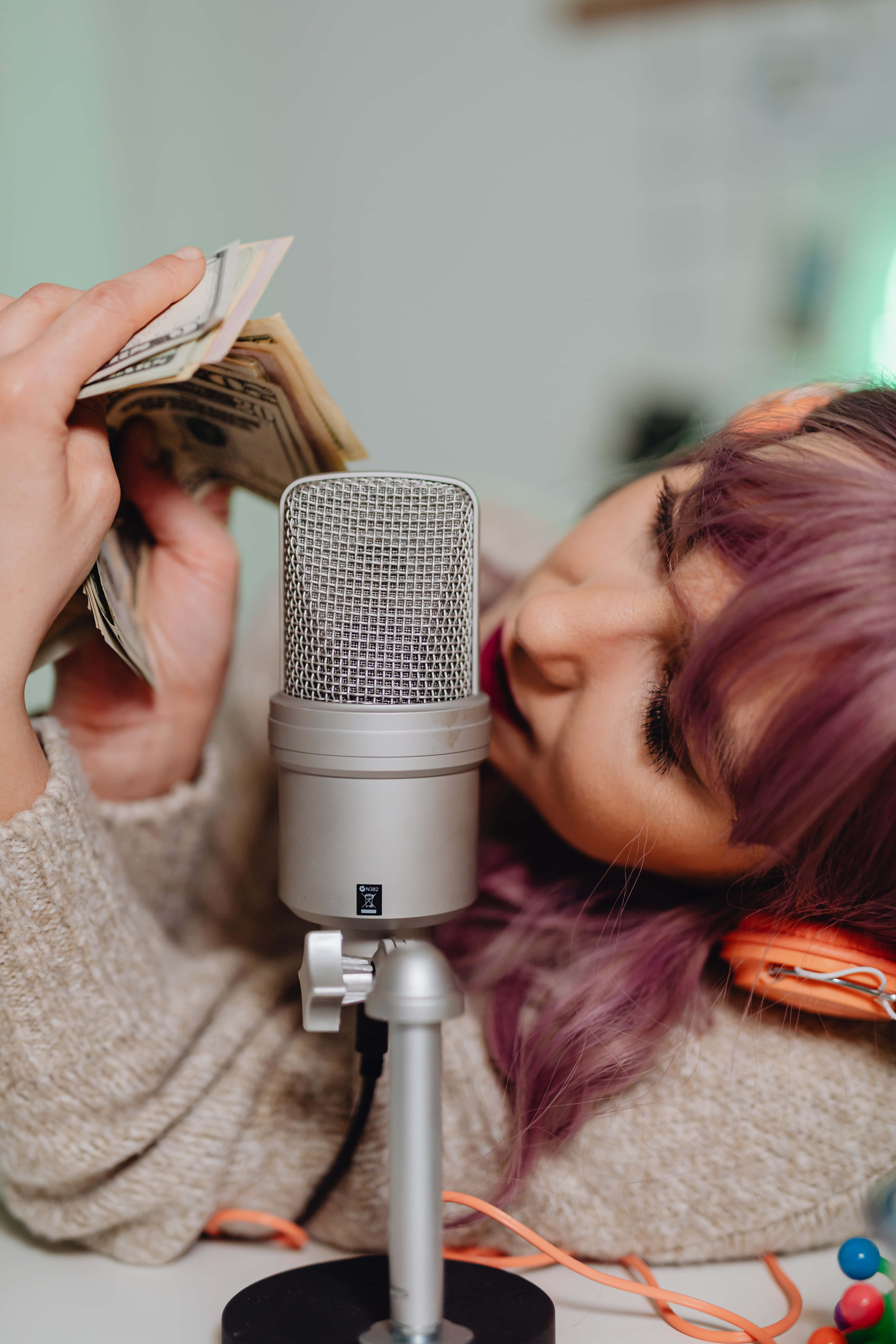 purple hair, studio microphone, cash, 5K Phone Wallpaper