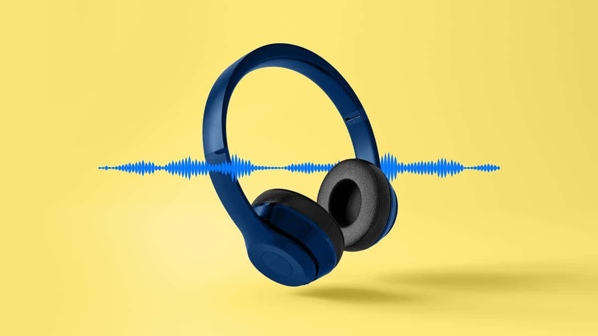 ASMR, blue over-ear headphones, yellow background, SD Desktop Wallpaper