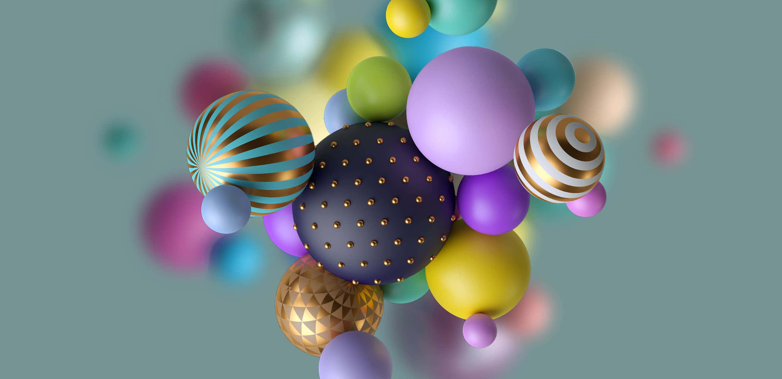 3d-rendered spheres, geometric patterns, muted teal background, 2K Desktop Wallpaper