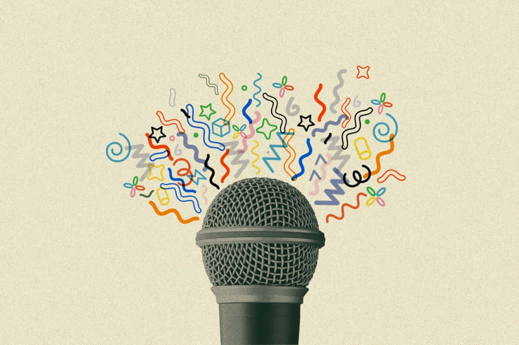 vintage microphone, colorful abstract confetti, symbols, SD Desktop Wallpaper