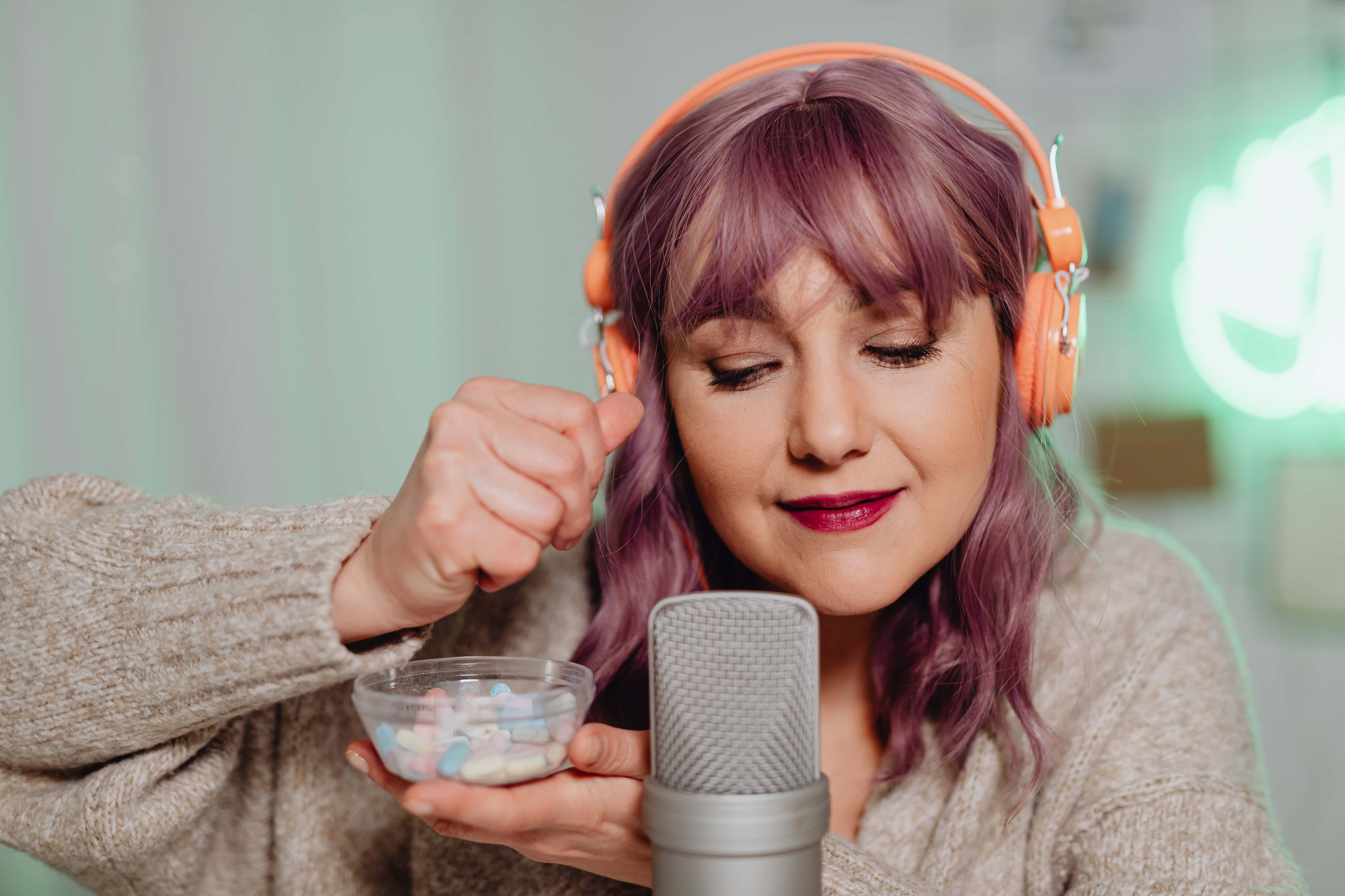 ASMR, purple hair, orange headphones, 5K Desktop Wallpaper