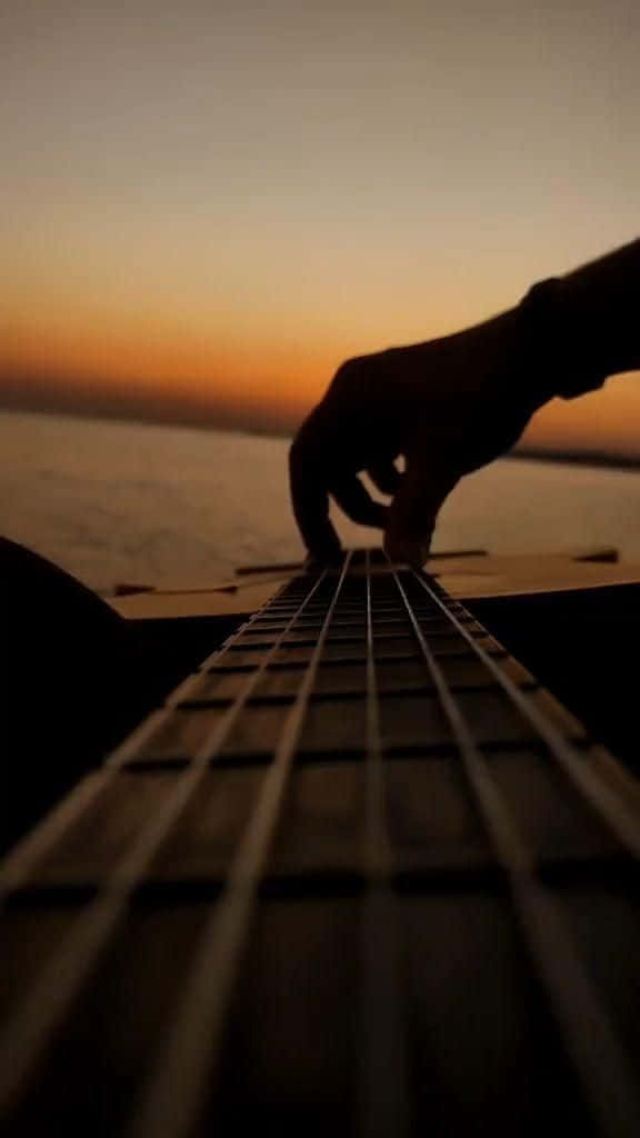 acoustic guitar, sunset, water, SD Phone Wallpaper