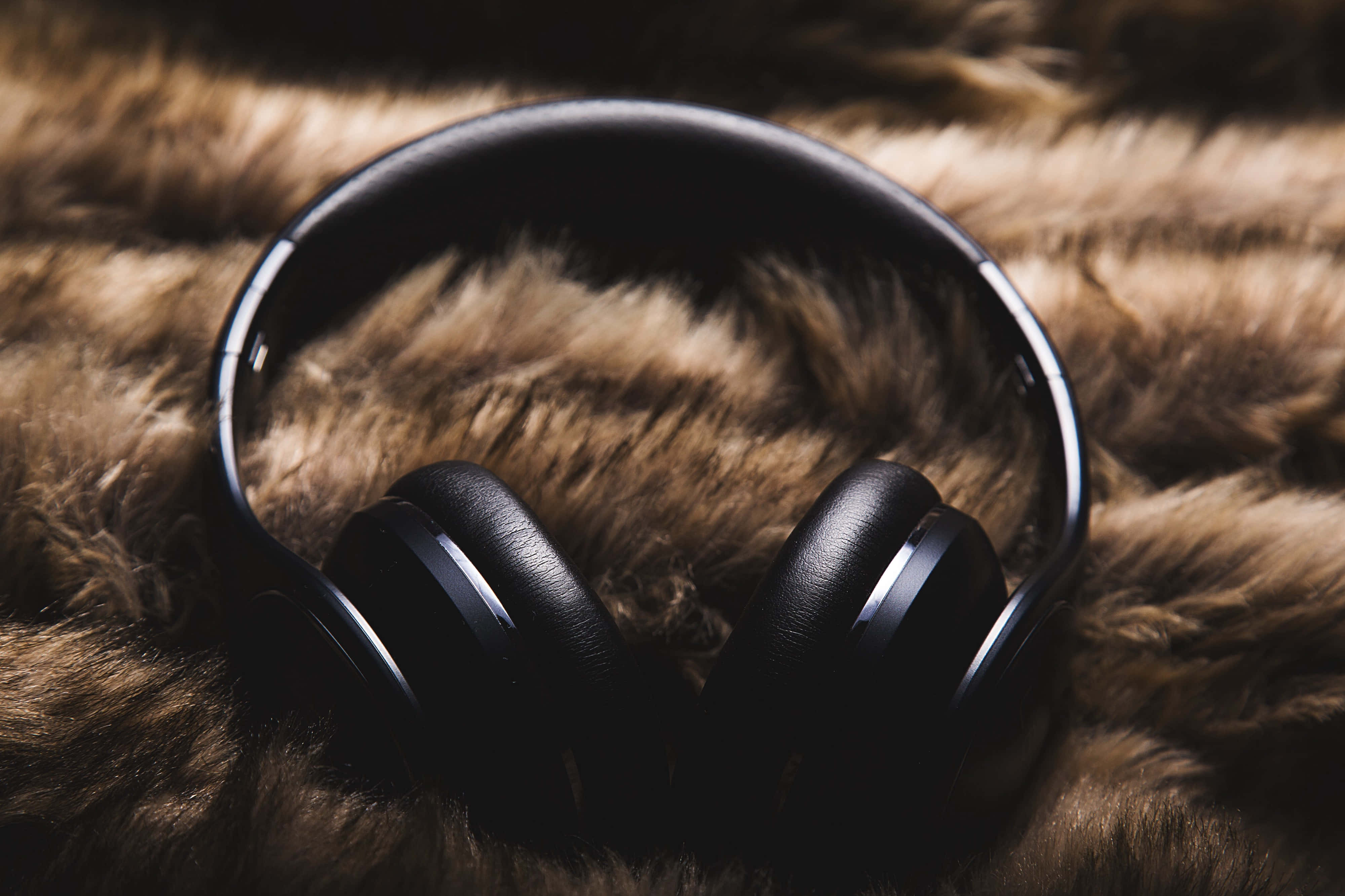 black over-ear headphones, plush brown fur surface, soft lighting, 4K Desktop Wallpaper