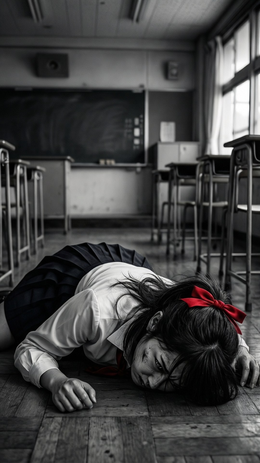 Hanako Honda, schoolgirl in uniform, wooden classroom floor, Full HD Phone Wallpaper