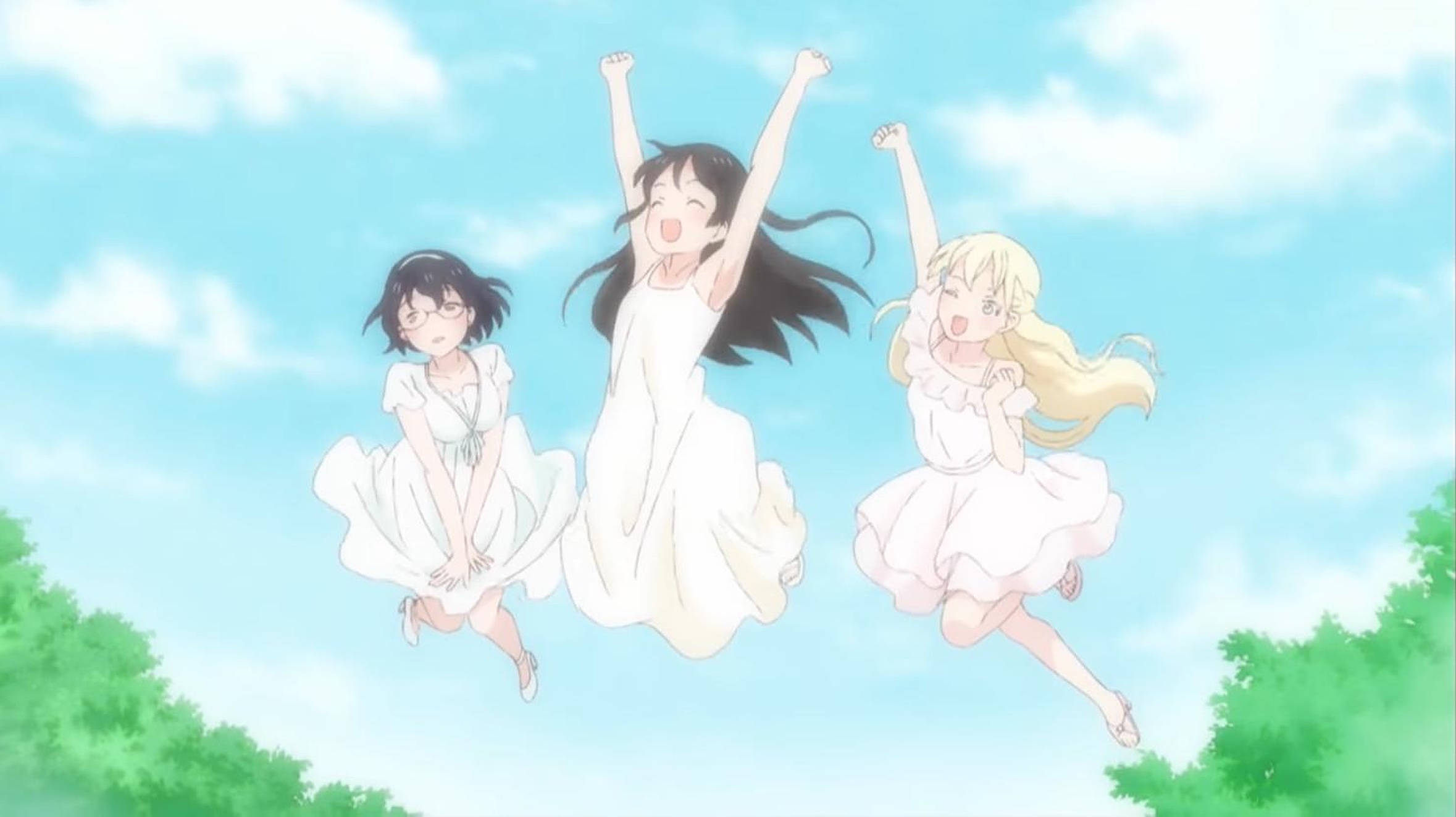 Asobi Asobase, jump shot, white dresses, Full HD Desktop Wallpaper