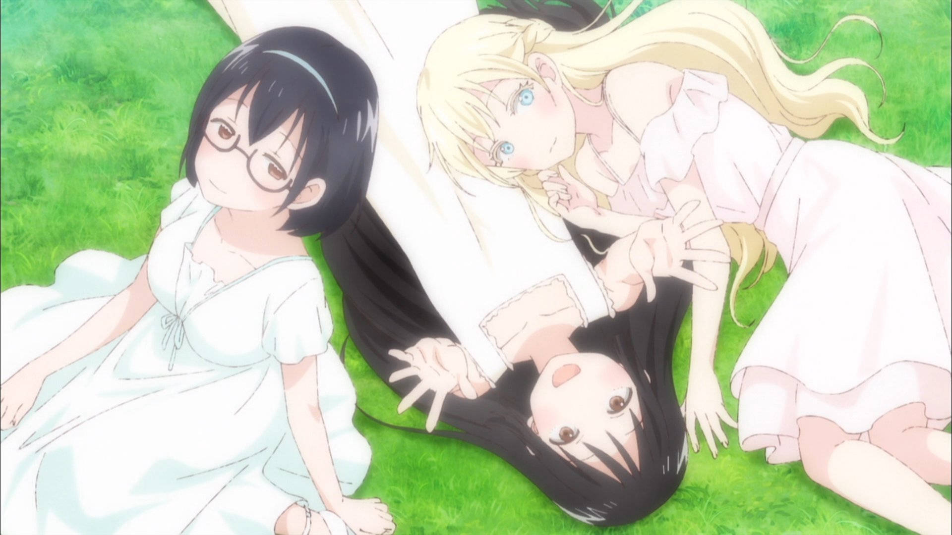 Asobi Asobase, white dresses, vibrant green grass, Full HD Desktop Wallpaper