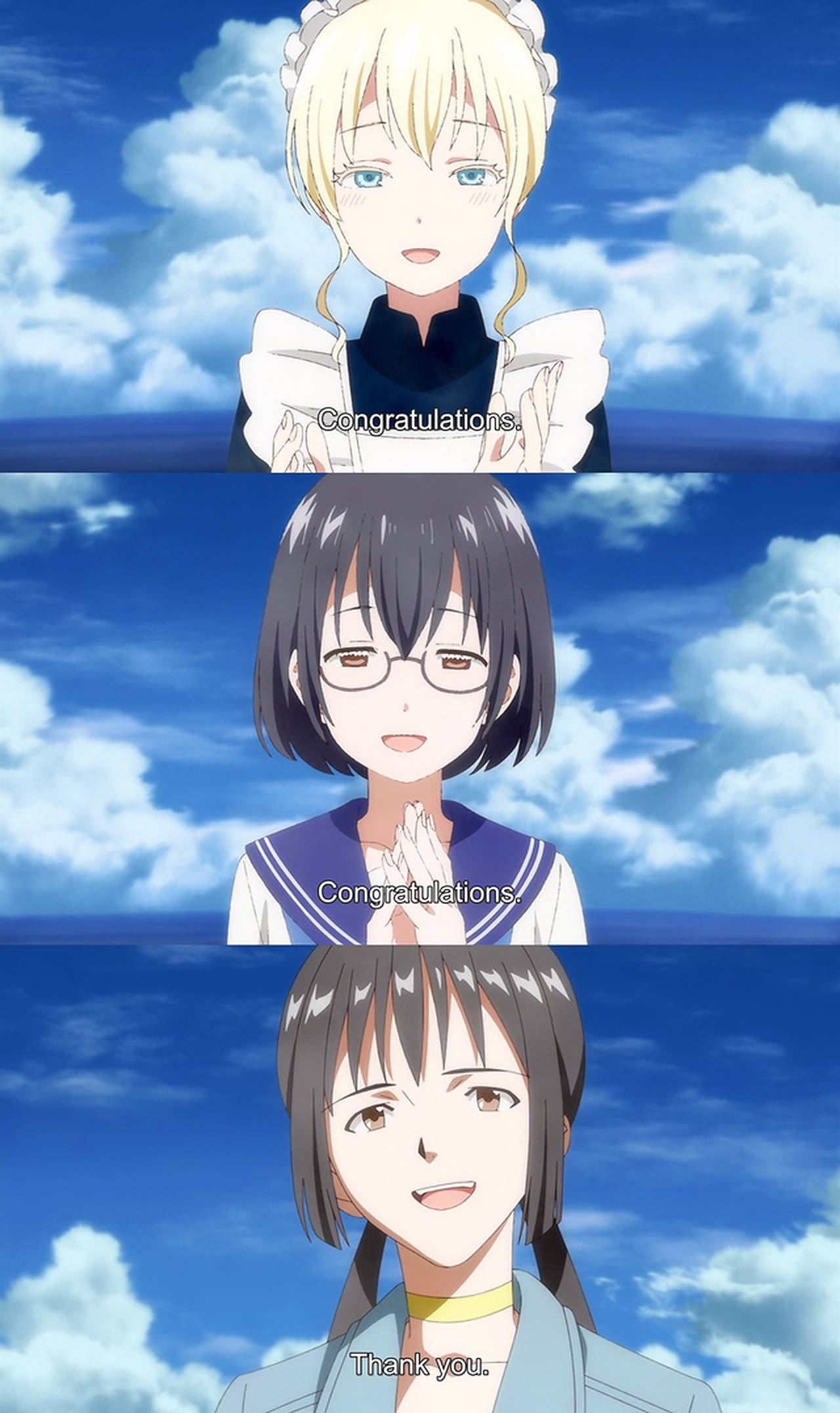 Asobi asobase, bright blue sky, fluffy white clouds, Full HD Phone Wallpaper
