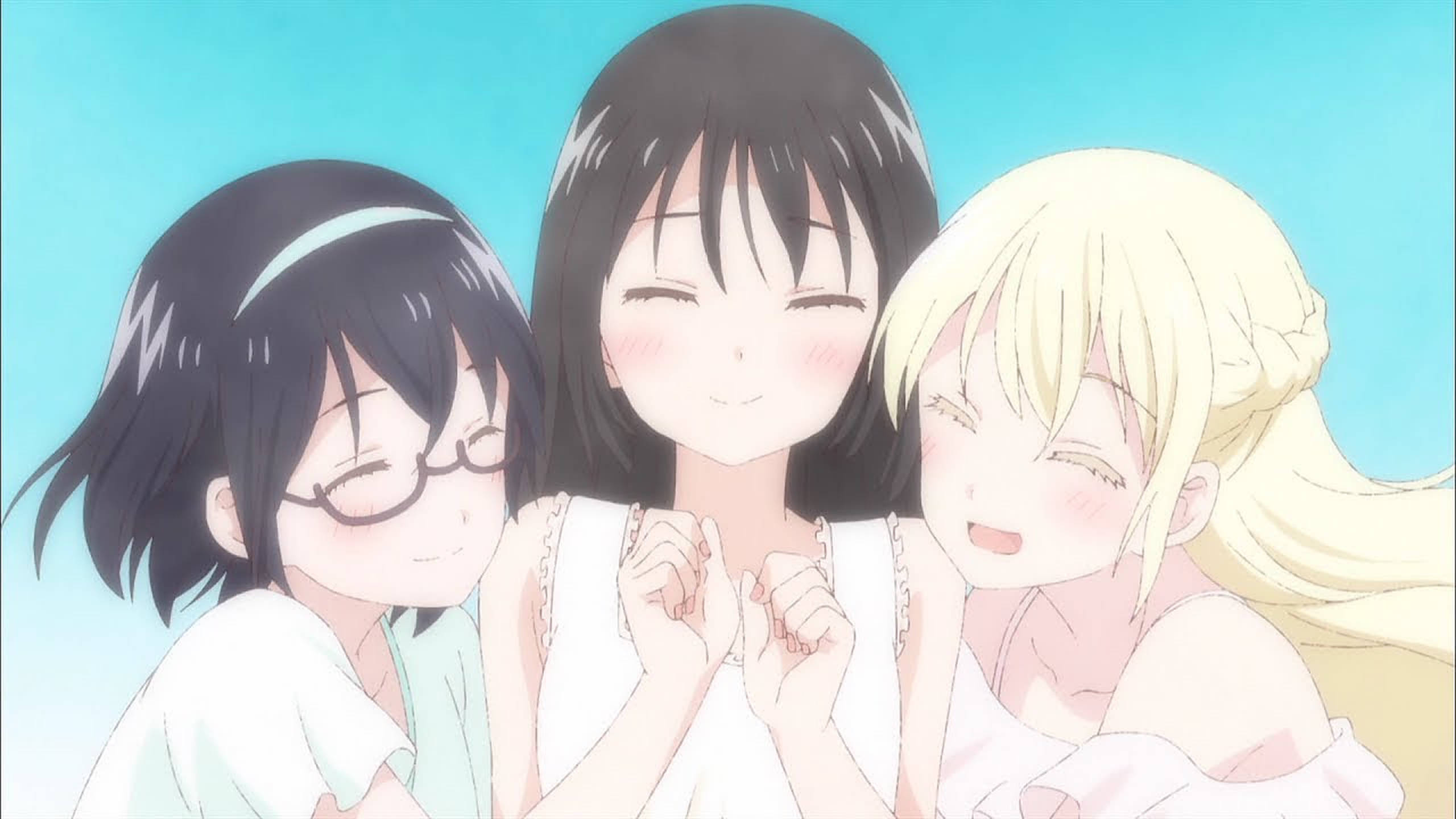 Asobi asobase, dreamy scene, three anime girls, 2K Desktop Wallpaper