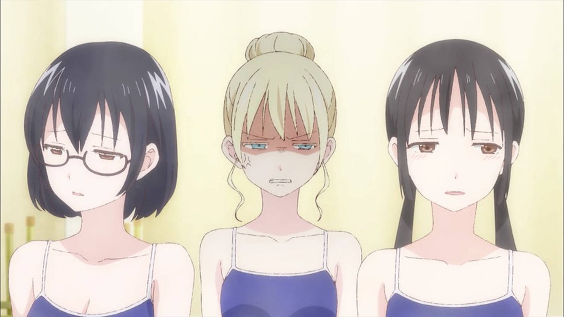 Asobi asobase, blue tank tops, neutral expressions, Full HD Desktop Wallpaper