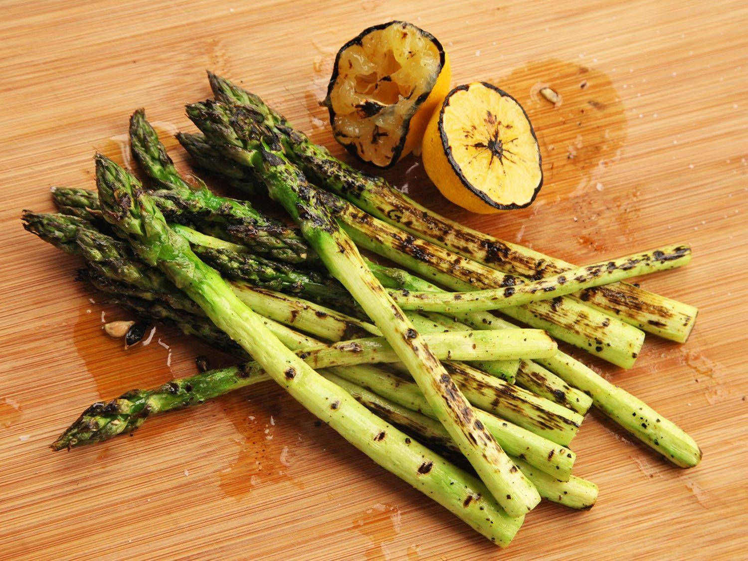 asparagus, lemon slices, charred marks, HD Desktop Wallpaper