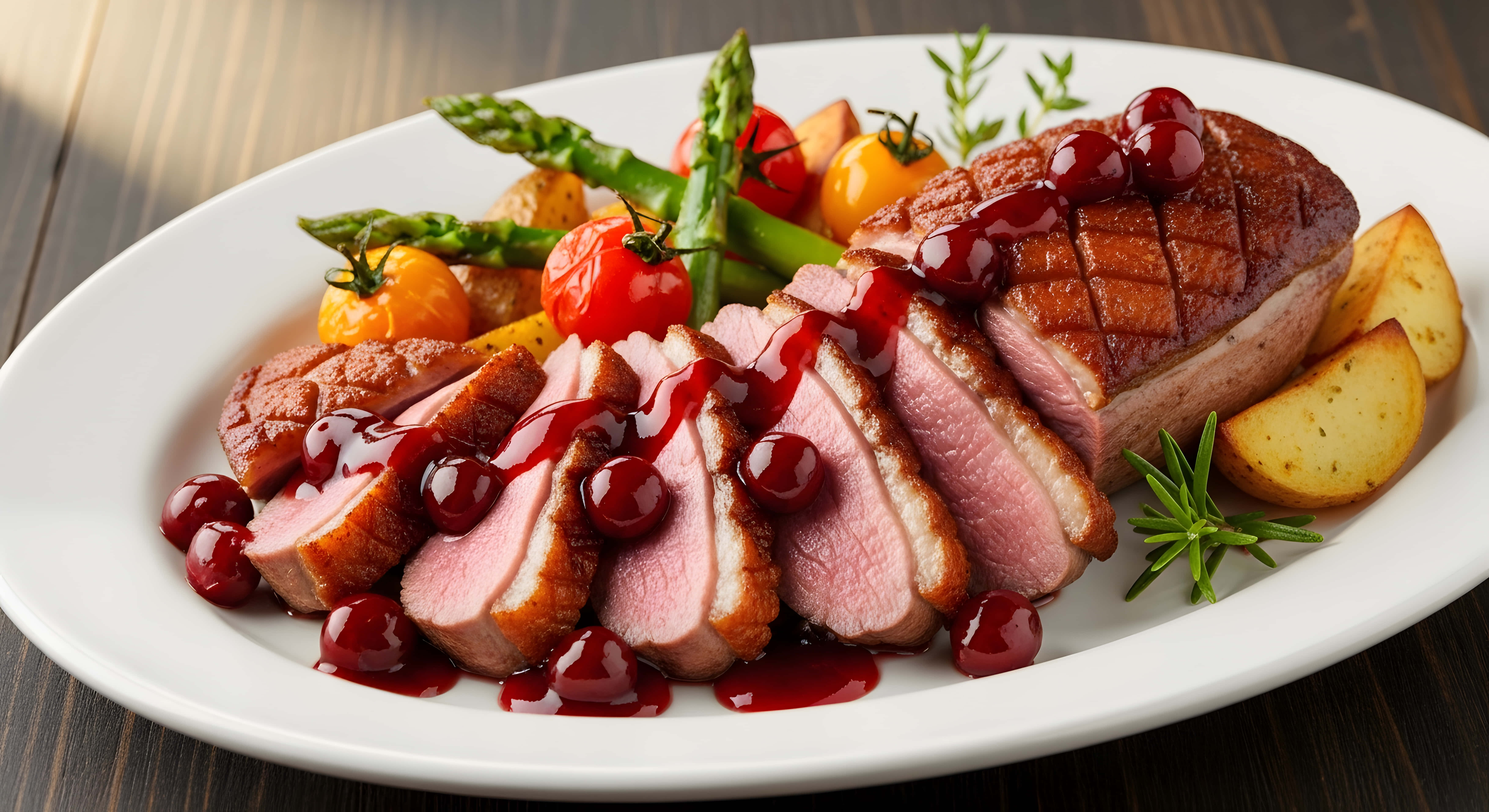 roasted duck breast, red berry sauce, asparagus, 5K Desktop Wallpaper