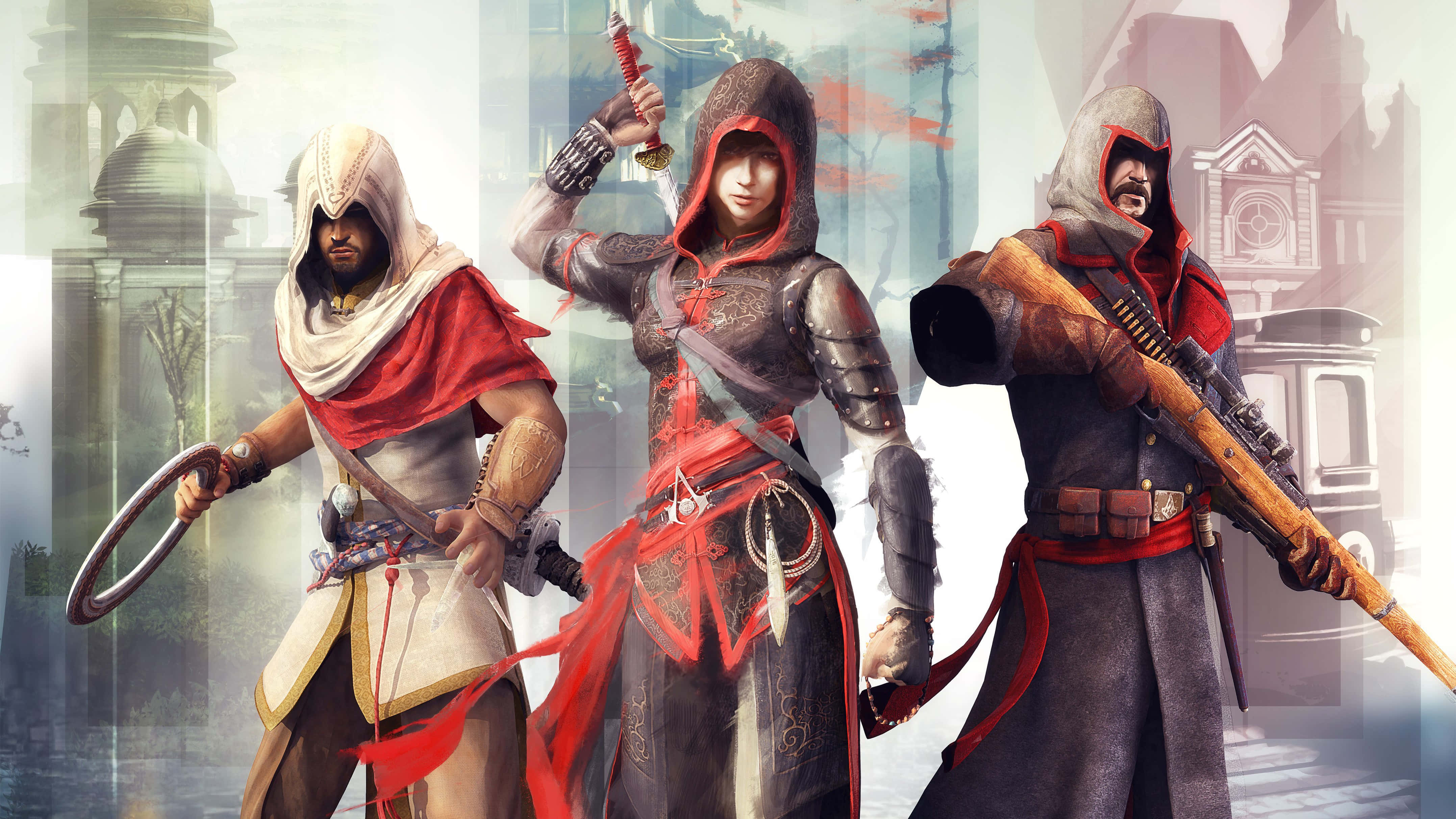 Assassin's Creed Characters, red and grey robes, hooded assassins, 4K Desktop Wallpaper