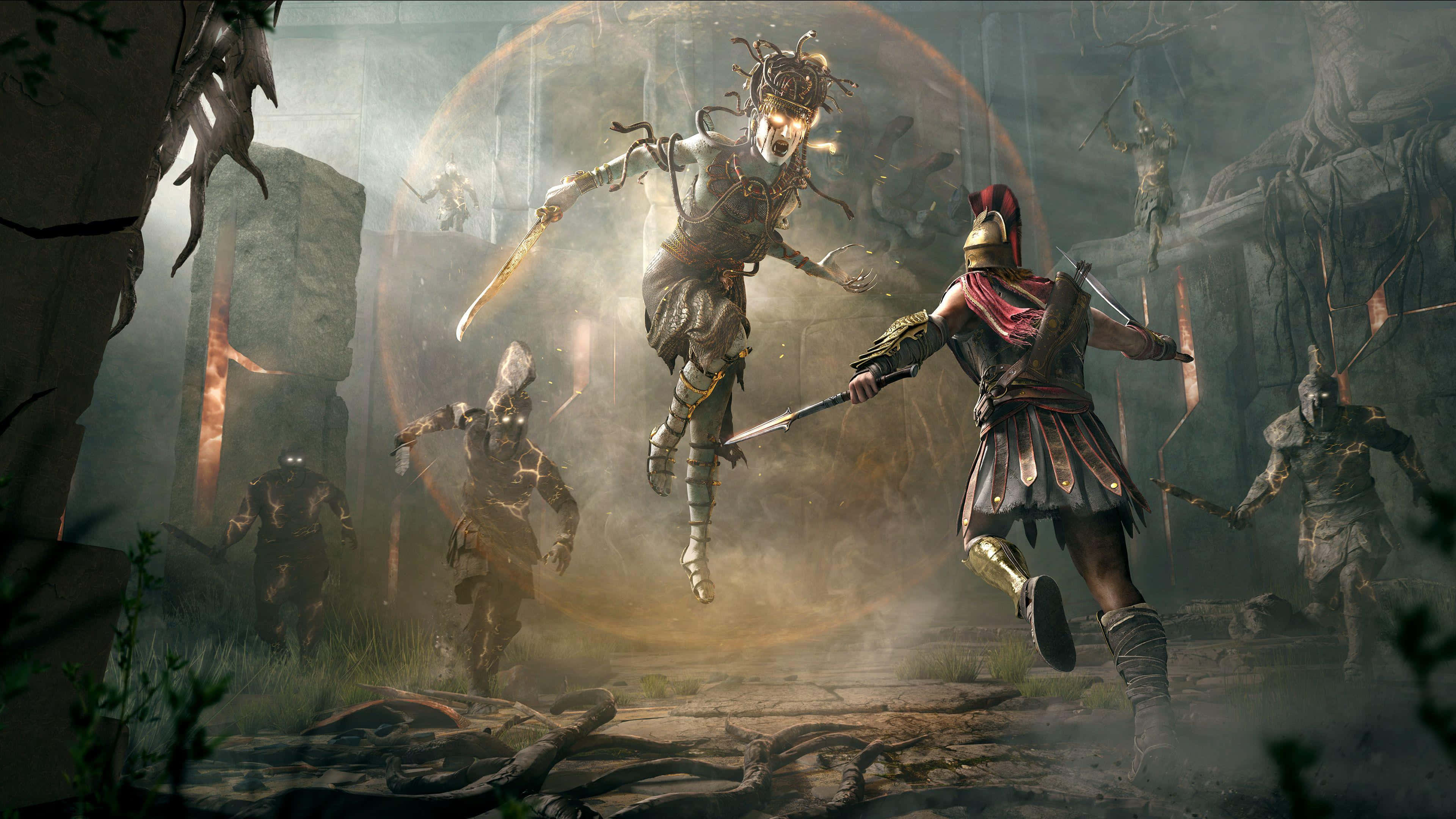 Assassin's Creed Characters, ancient armor, floating spectral enemy, 4K Desktop Wallpaper