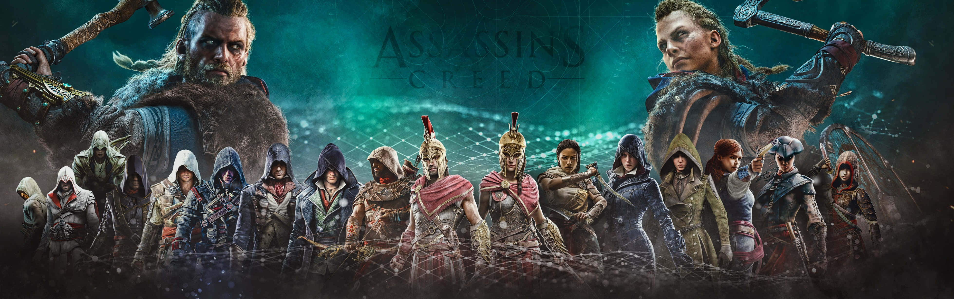 Assassin's Creed Characters, hooded attire, glowing green mystical backdrop, 4K Desktop Wallpaper