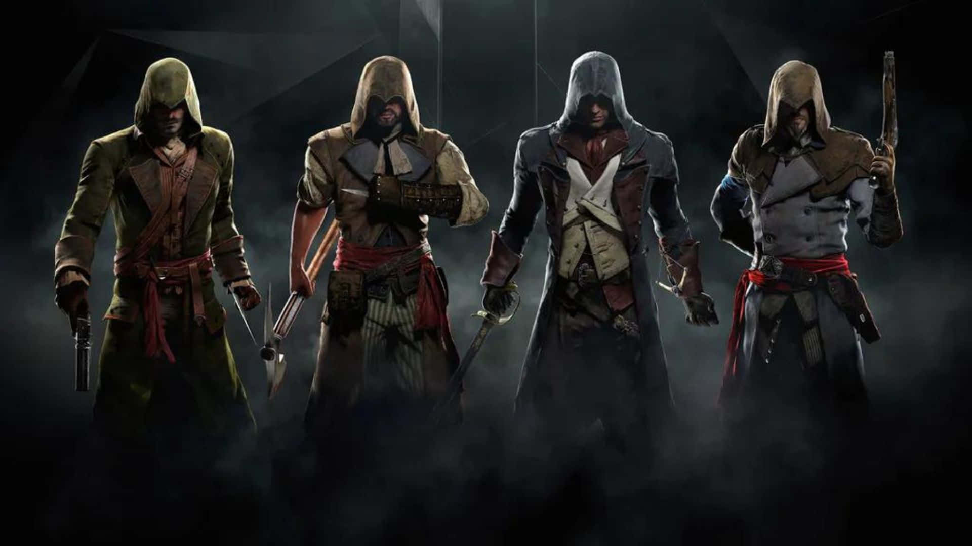 Assassin's Creed Characters, hooded assassins, smoky dark room, Full HD Desktop Wallpaper