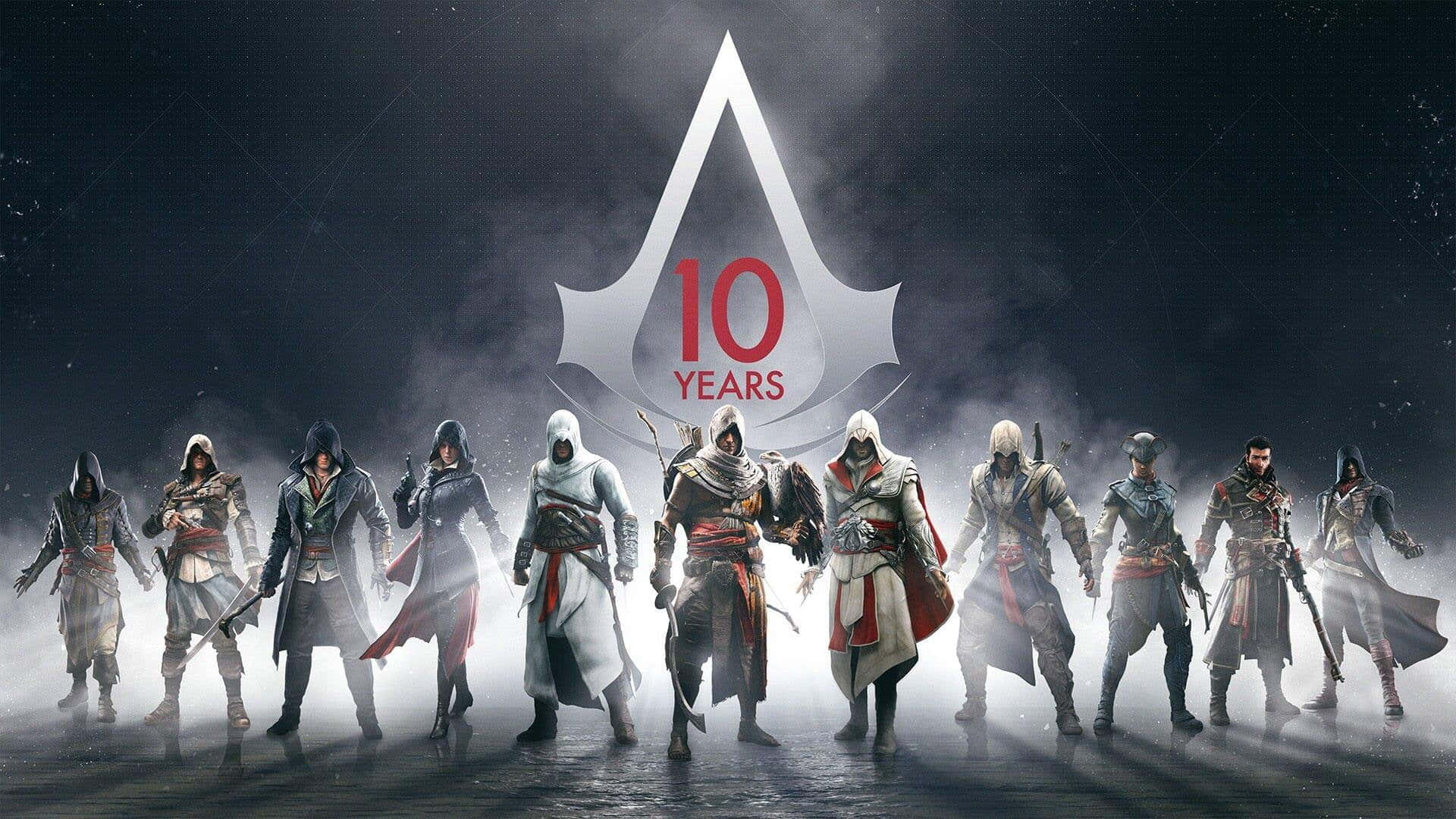 Assassin's Creed Characters, 10 Years logo, misty line, Full HD Desktop Wallpaper