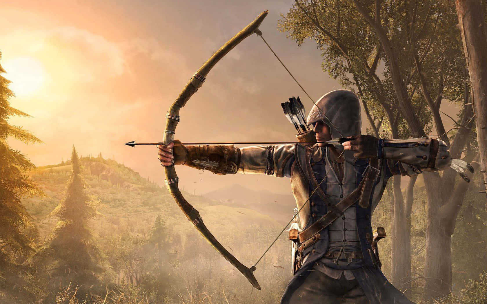 Assassin's Creed Characters, hooded archer, longbow, HD Desktop Wallpaper