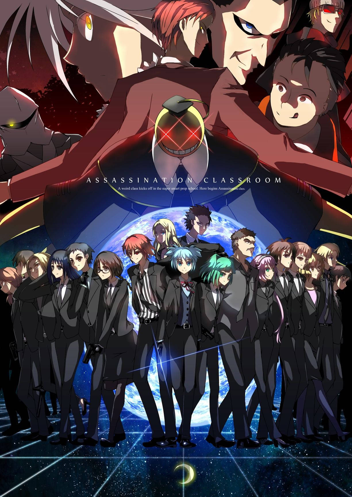 Assassination Classroom, black suits, glowing planet, HD Phone Wallpaper