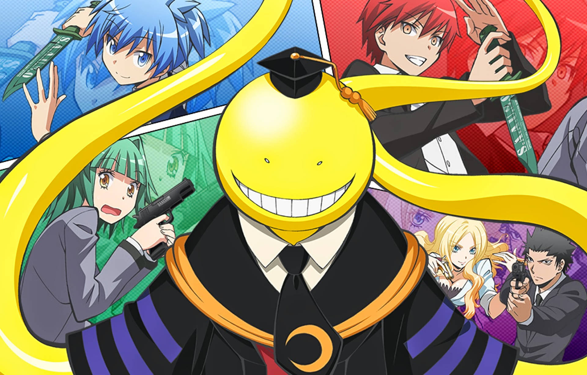 Assassination Classroom, yellow smiley-faced character, graduation gown, Full HD Desktop Wallpaper