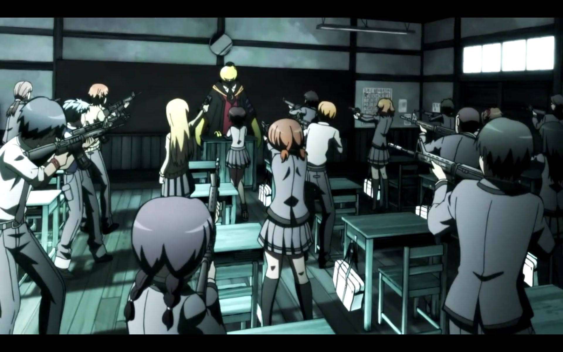 Assassination Classroom, school uniforms, rifles, Full HD Desktop Wallpaper