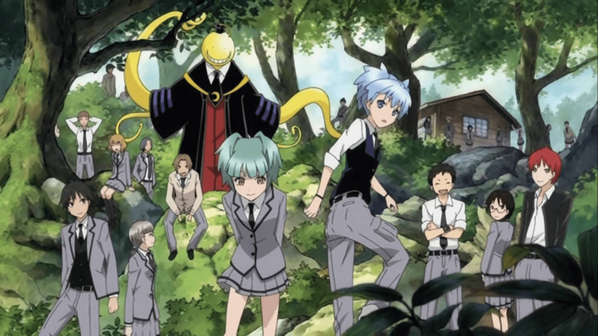 Assassination Classroom, school uniforms, lush green forest, Full HD Desktop Wallpaper