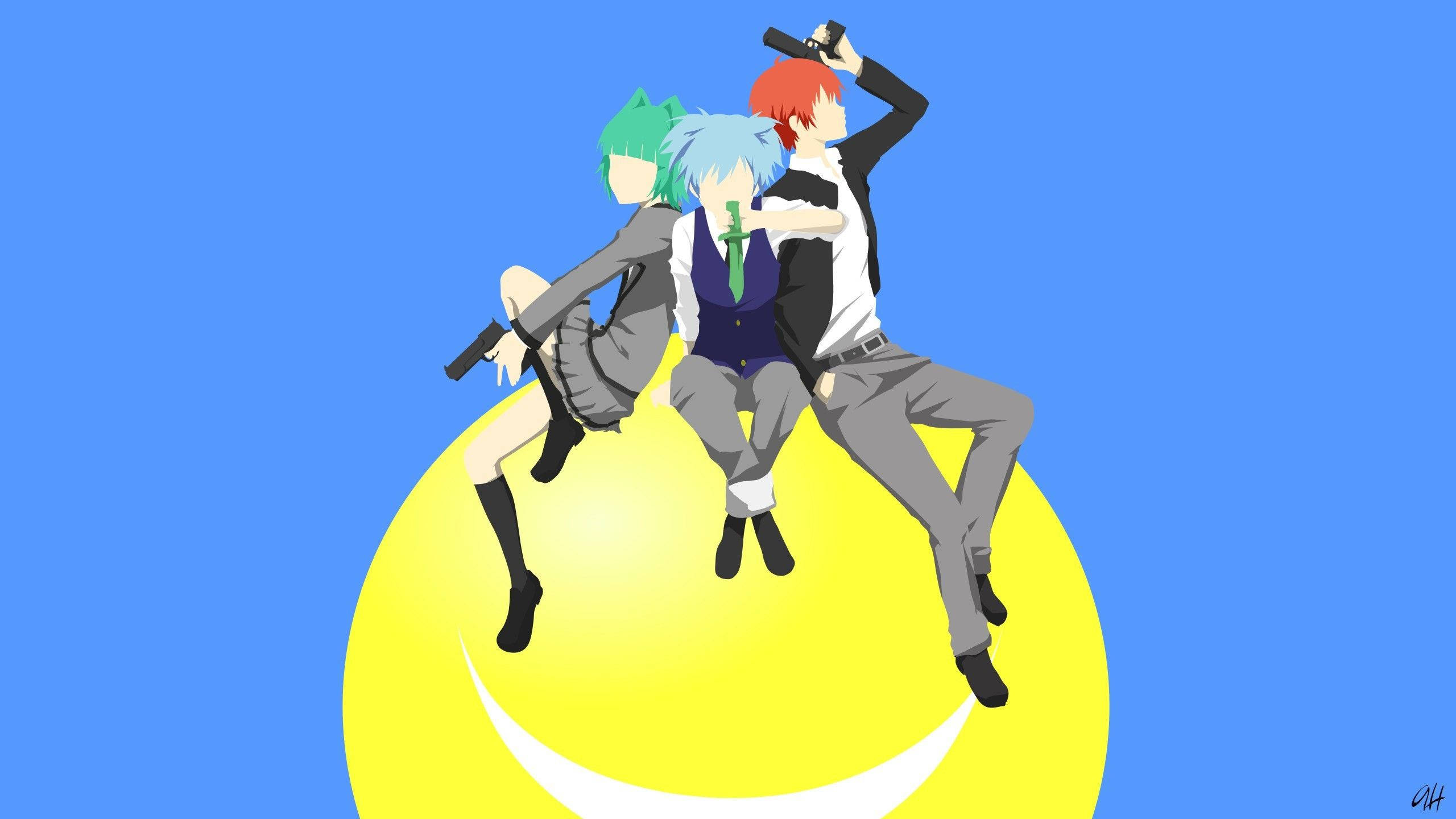 Assassination Classroom, school uniforms, bright yellow crescent moon, 2K Desktop Wallpaper