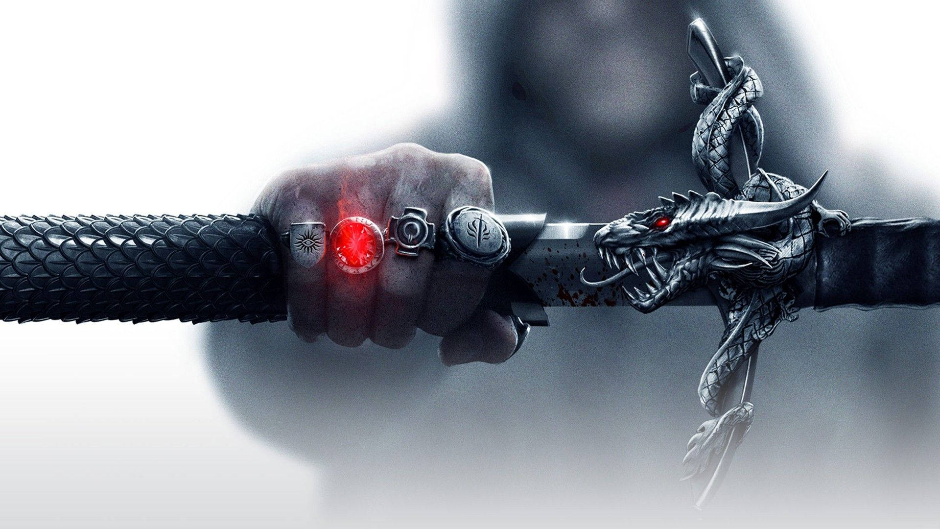 dragon-headed sword, glowing red gem, misty gray background, Full HD Desktop Wallpaper