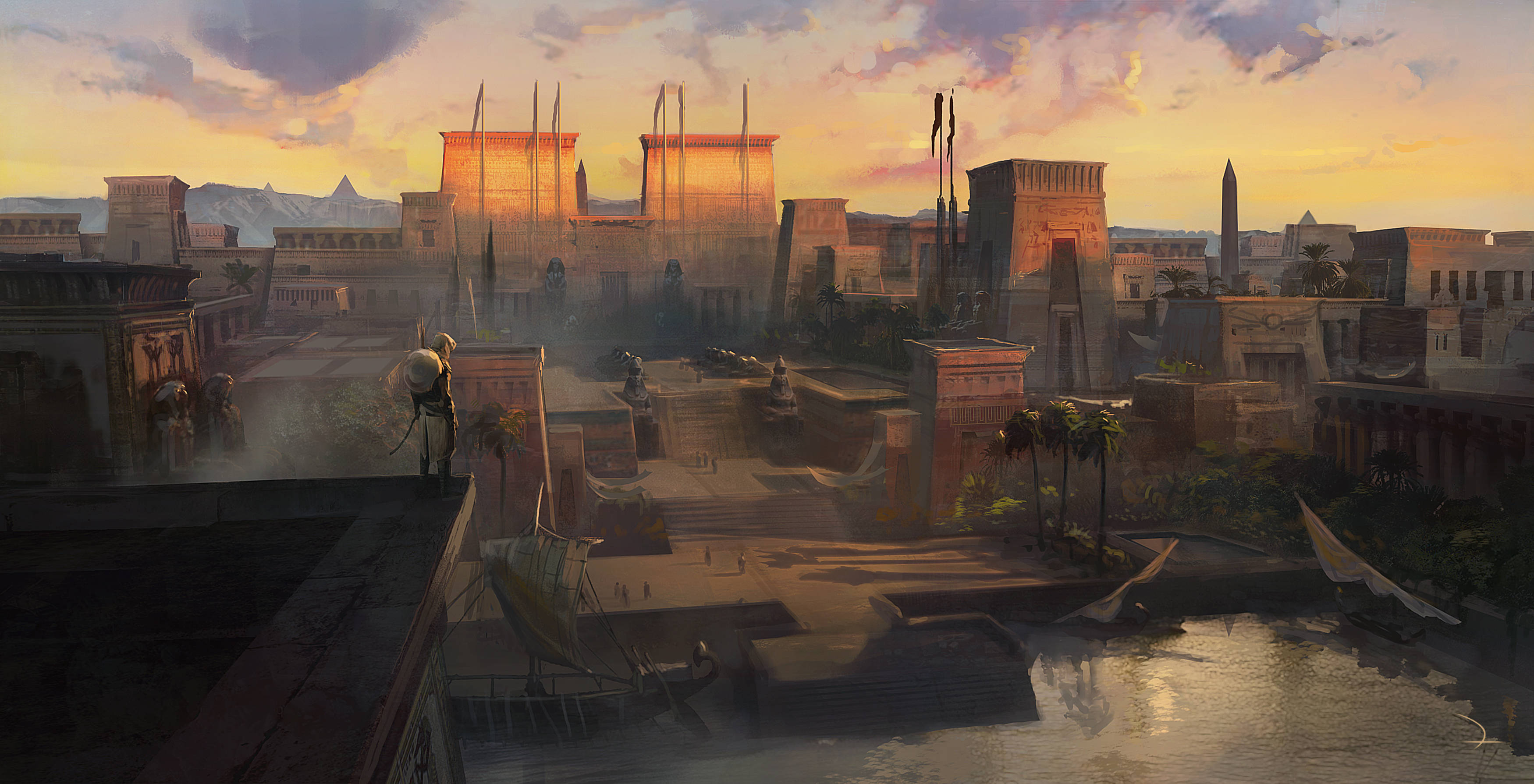 Assassins Creed Origins, sunset, ancient Egyptian city, 2K Desktop Wallpaper
