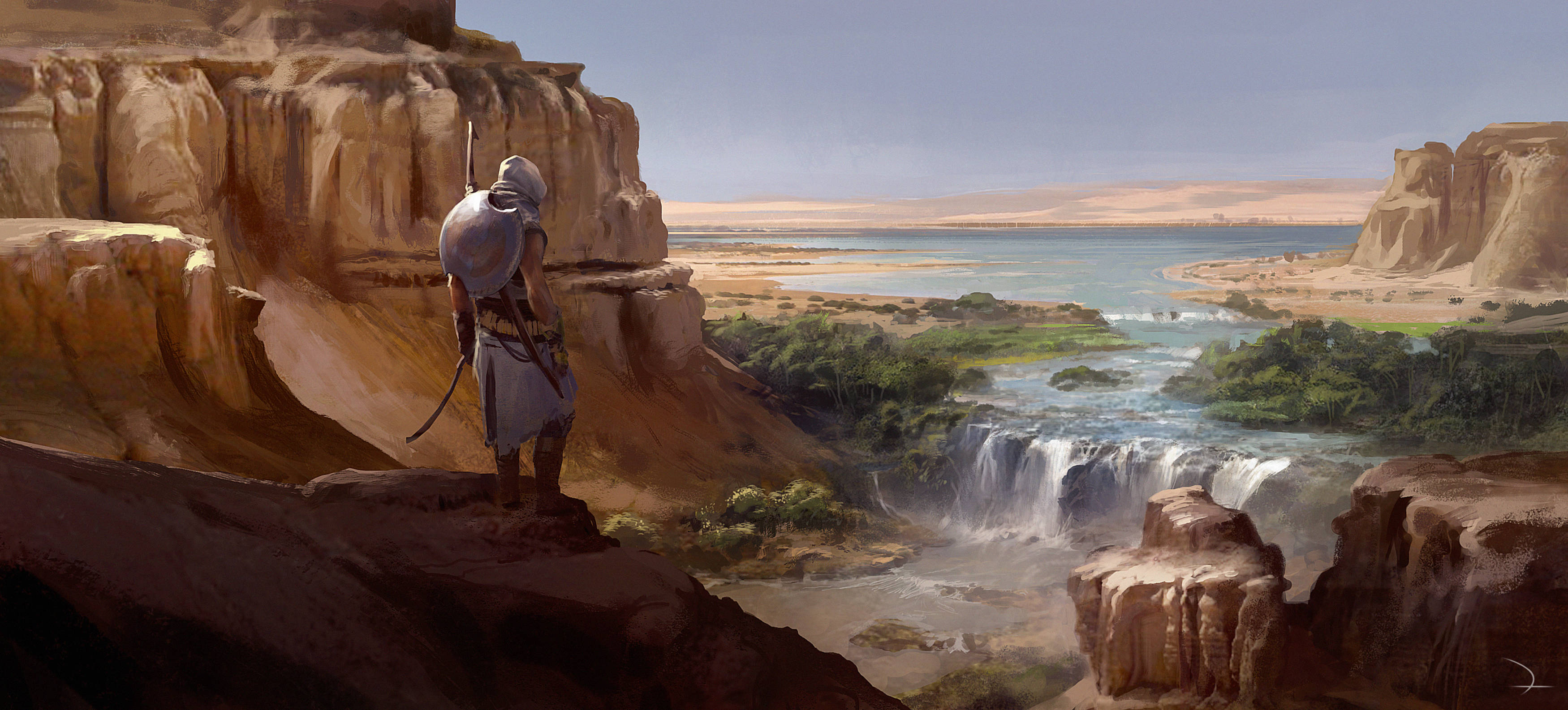 Assassins Creed Origins, river, cliff, 2K Desktop Wallpaper