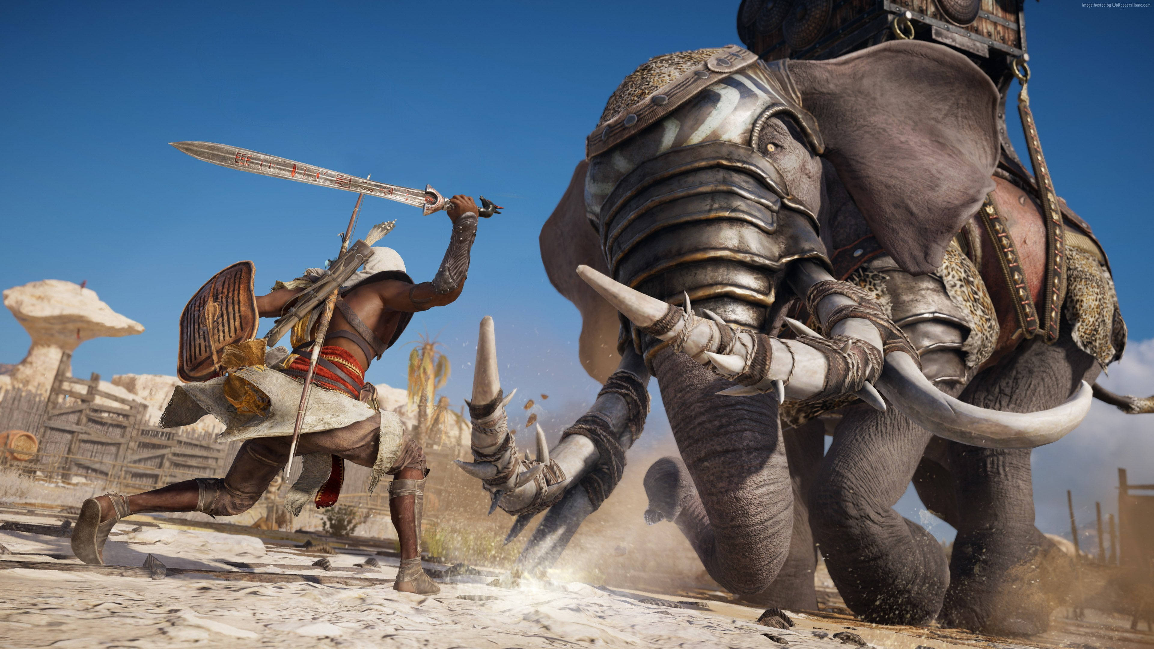 Assassins Creed Origins, amulet, fighting elephant, 4K Desktop Wallpaper