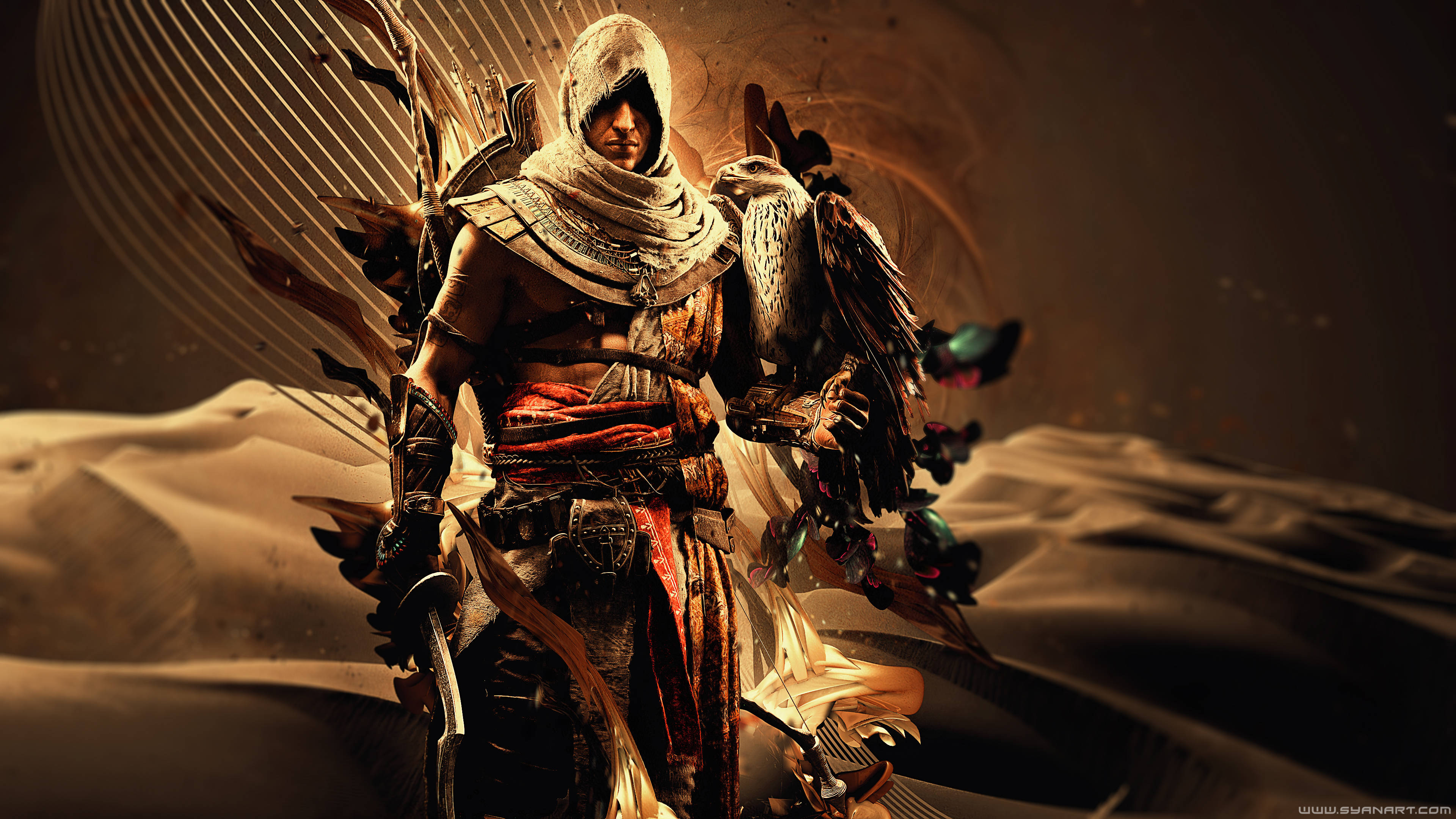 Assassins Creed Origins, desert, hooded warrior, 4K Desktop Wallpaper