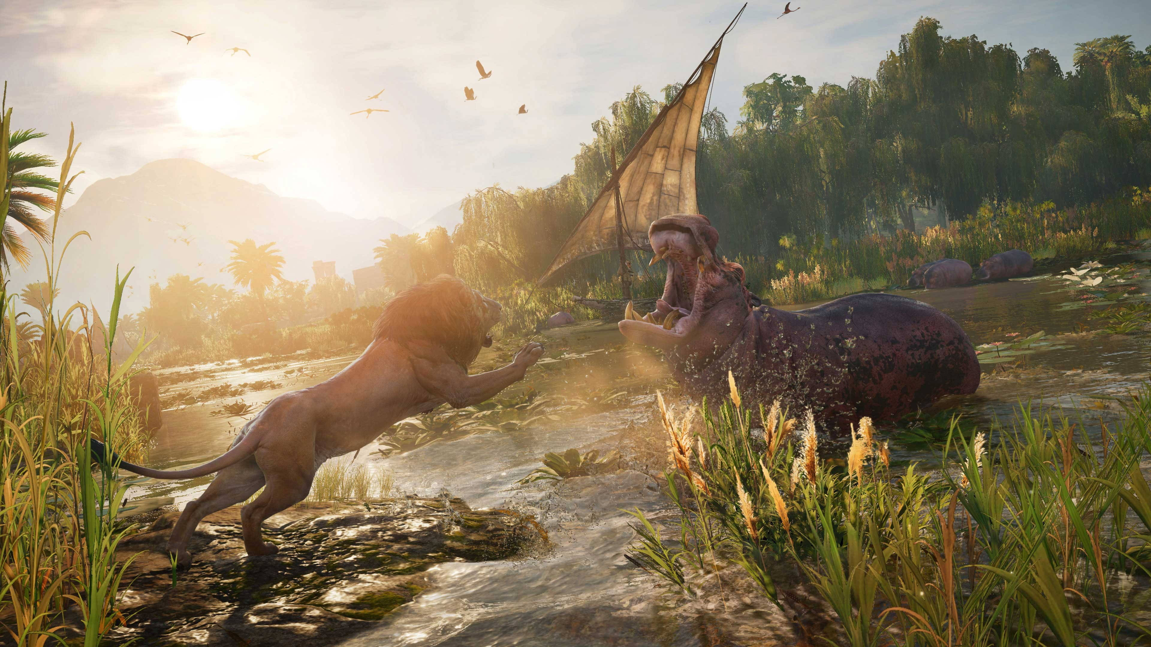 Assassins Creed Origins, lion, hippopotamus, 4K Desktop Wallpaper