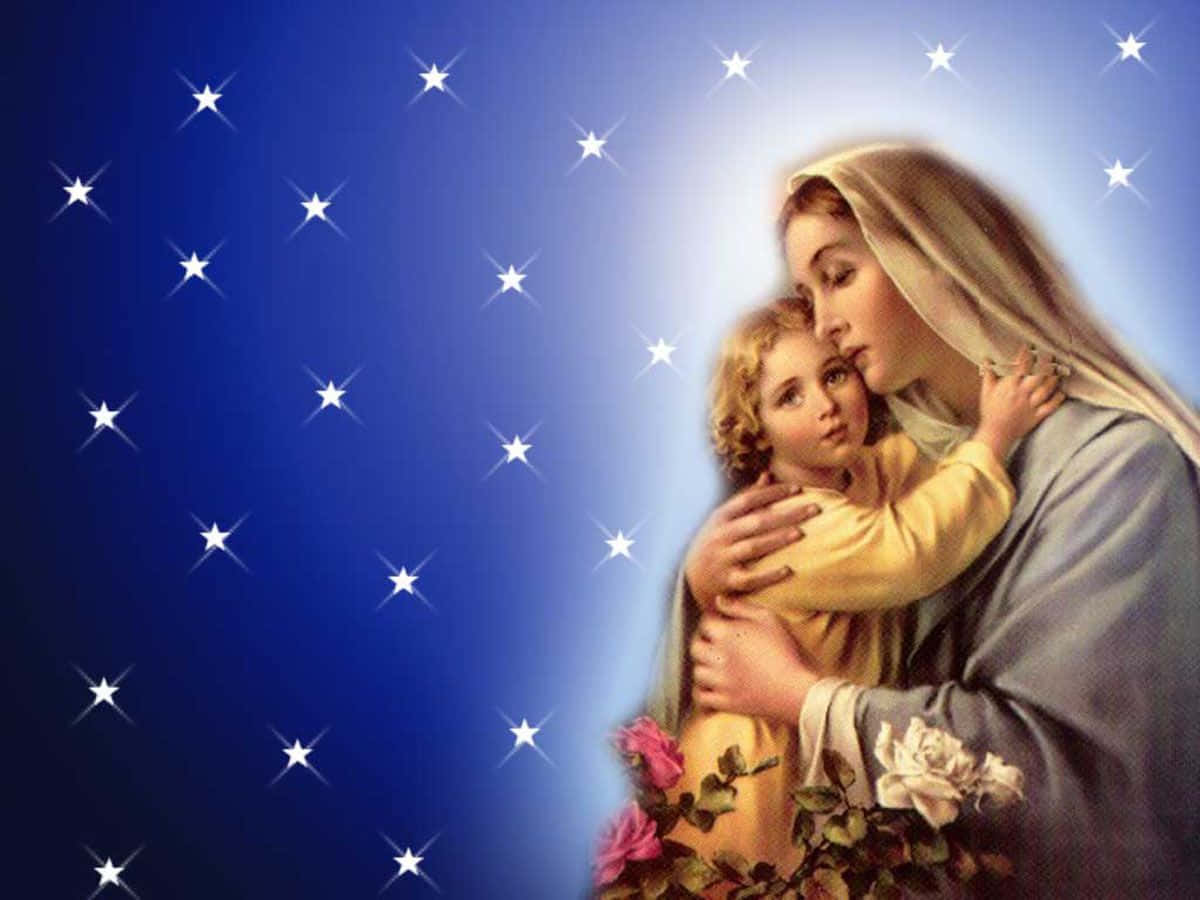 Mother Mary, child Jesus, radiant blue starry sky, SD Desktop Wallpaper