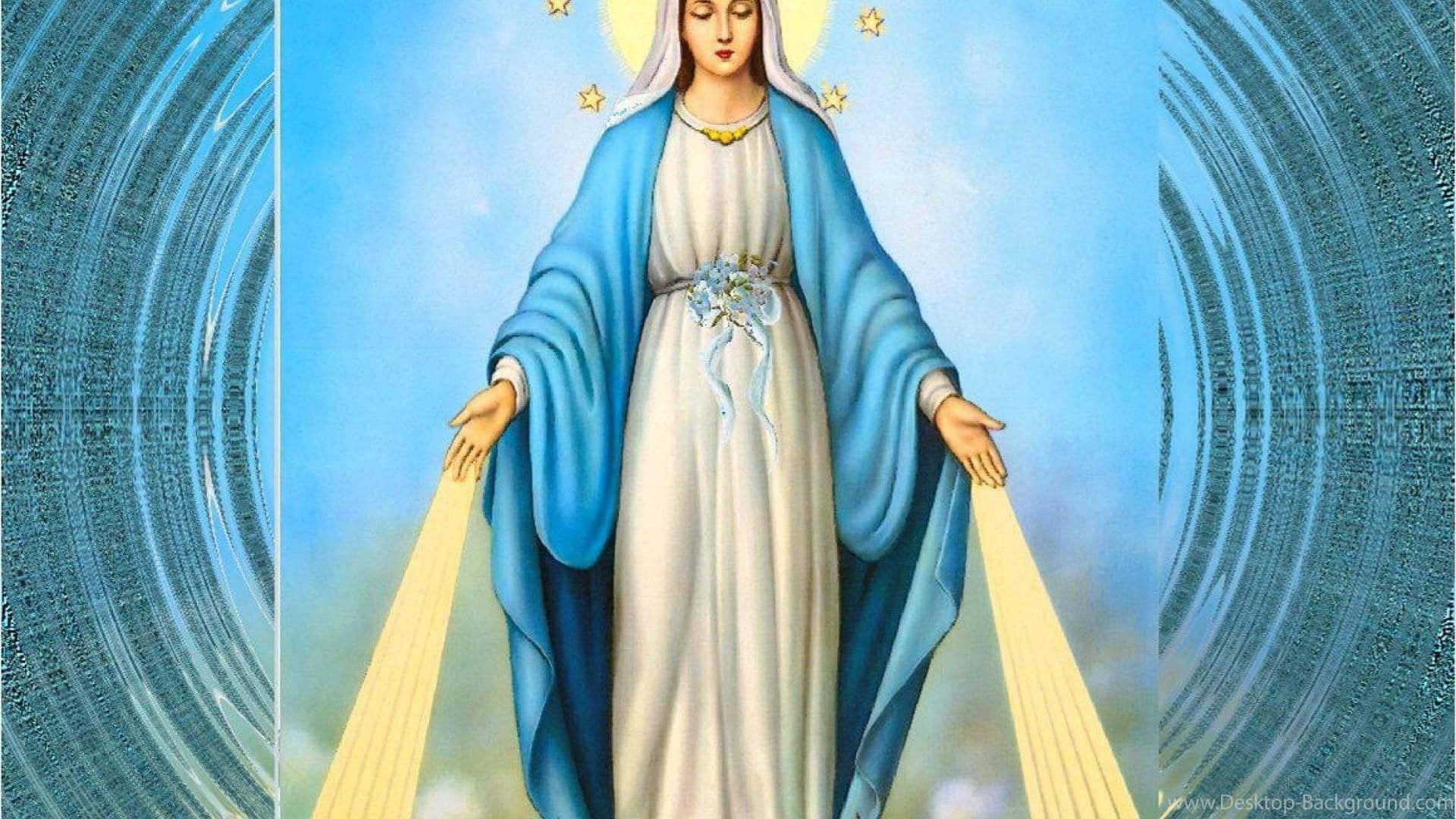 Mother Mary, blue and white robes, golden halo, Full HD Desktop Wallpaper