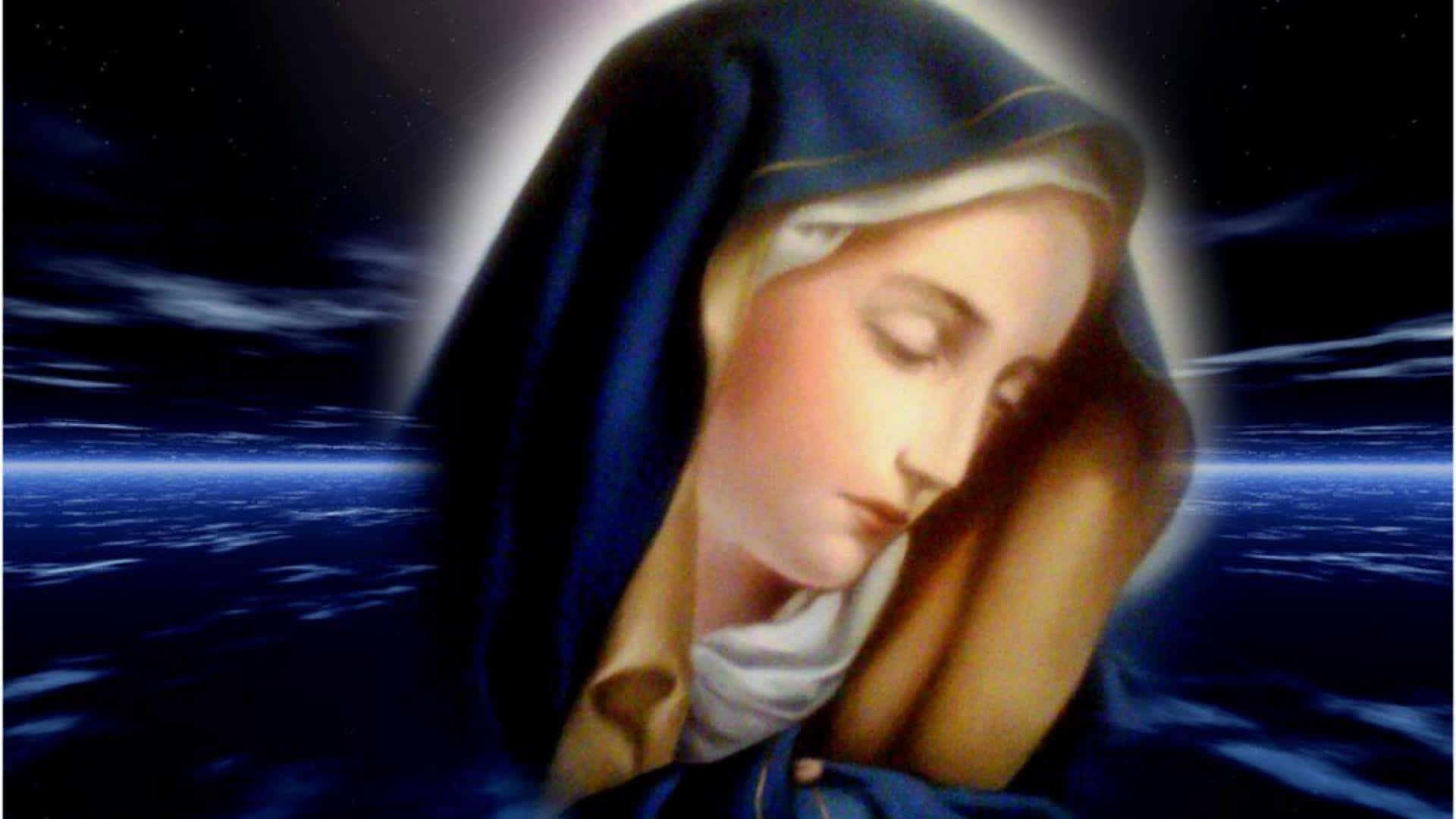 Mother Mary, blue veil, starry cosmic ocean, Full HD Desktop Wallpaper