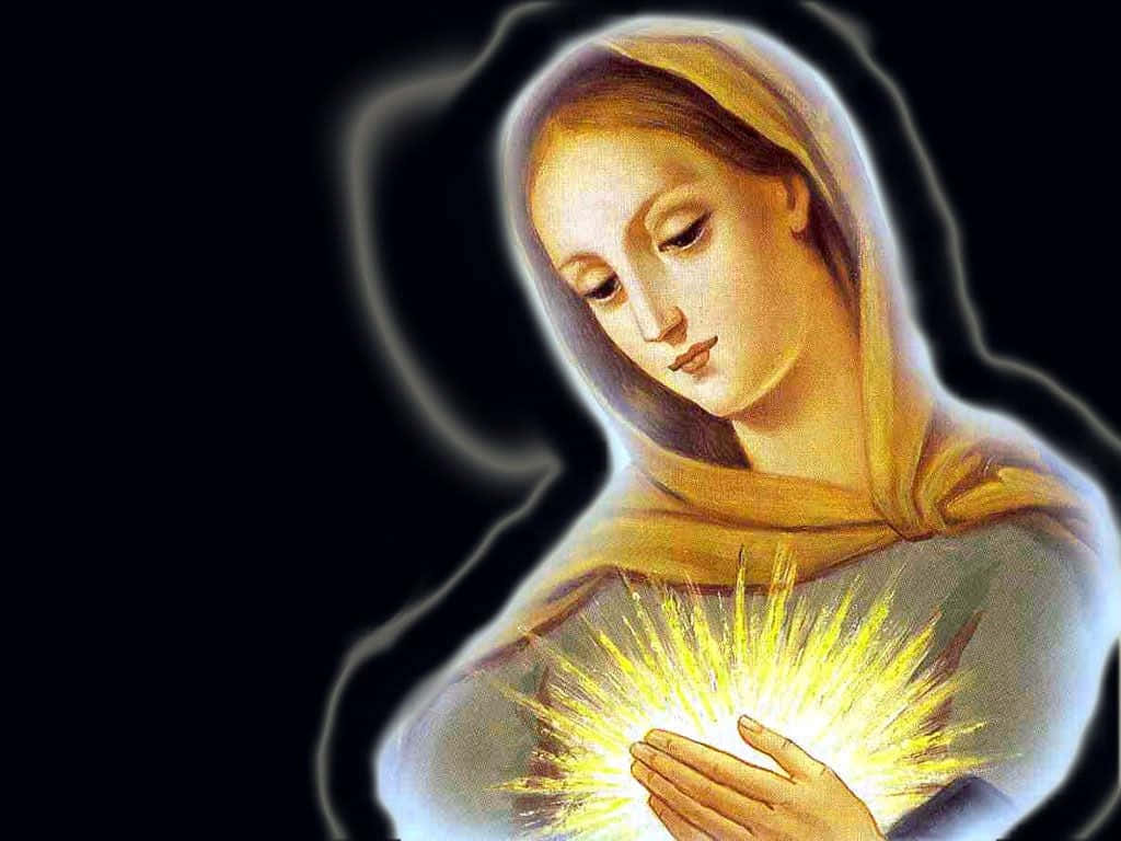 Mother Mary, yellow veil, radiant golden heart, SD Desktop Wallpaper