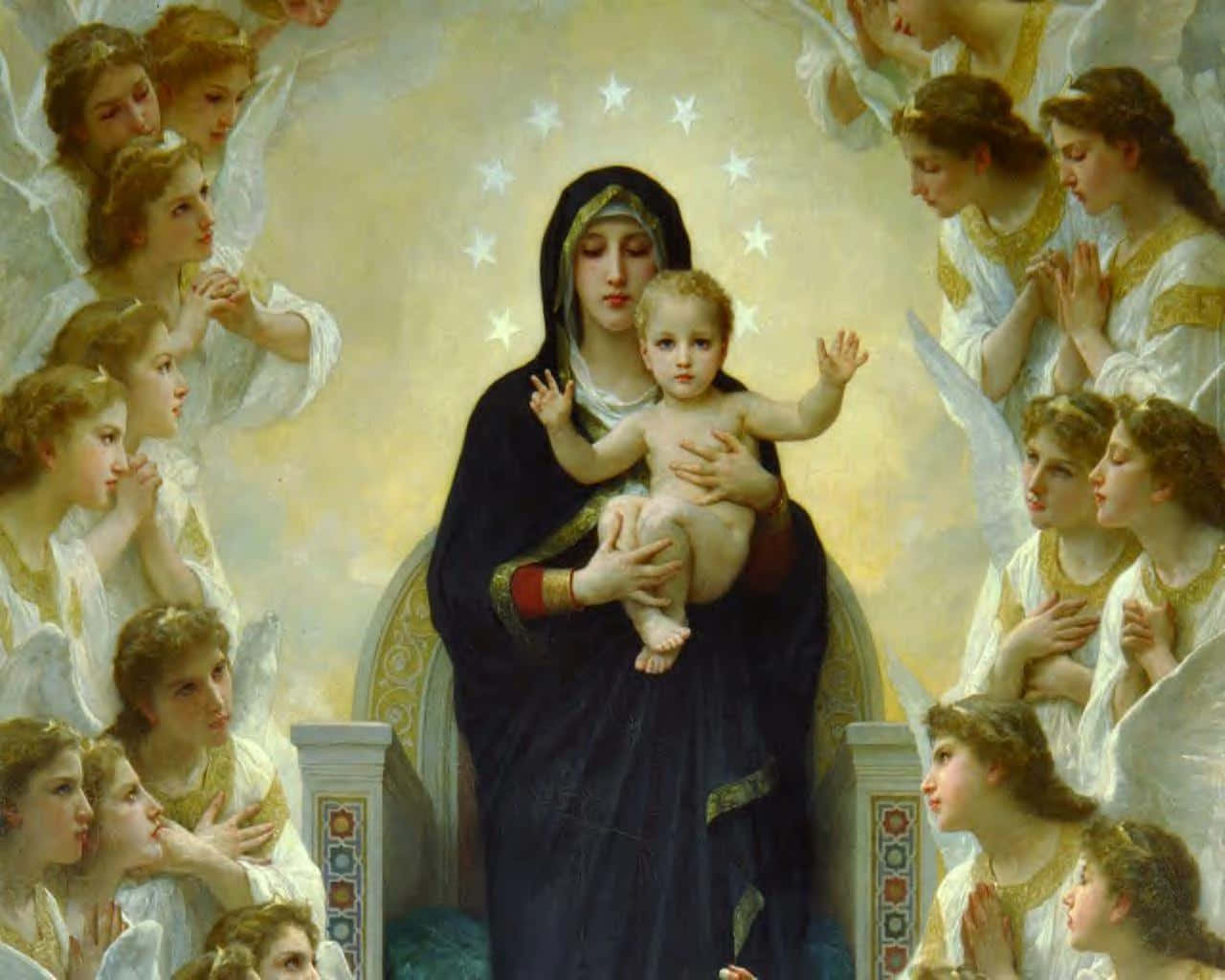Mother Mary, infant Jesus, angels, HD Desktop Wallpaper