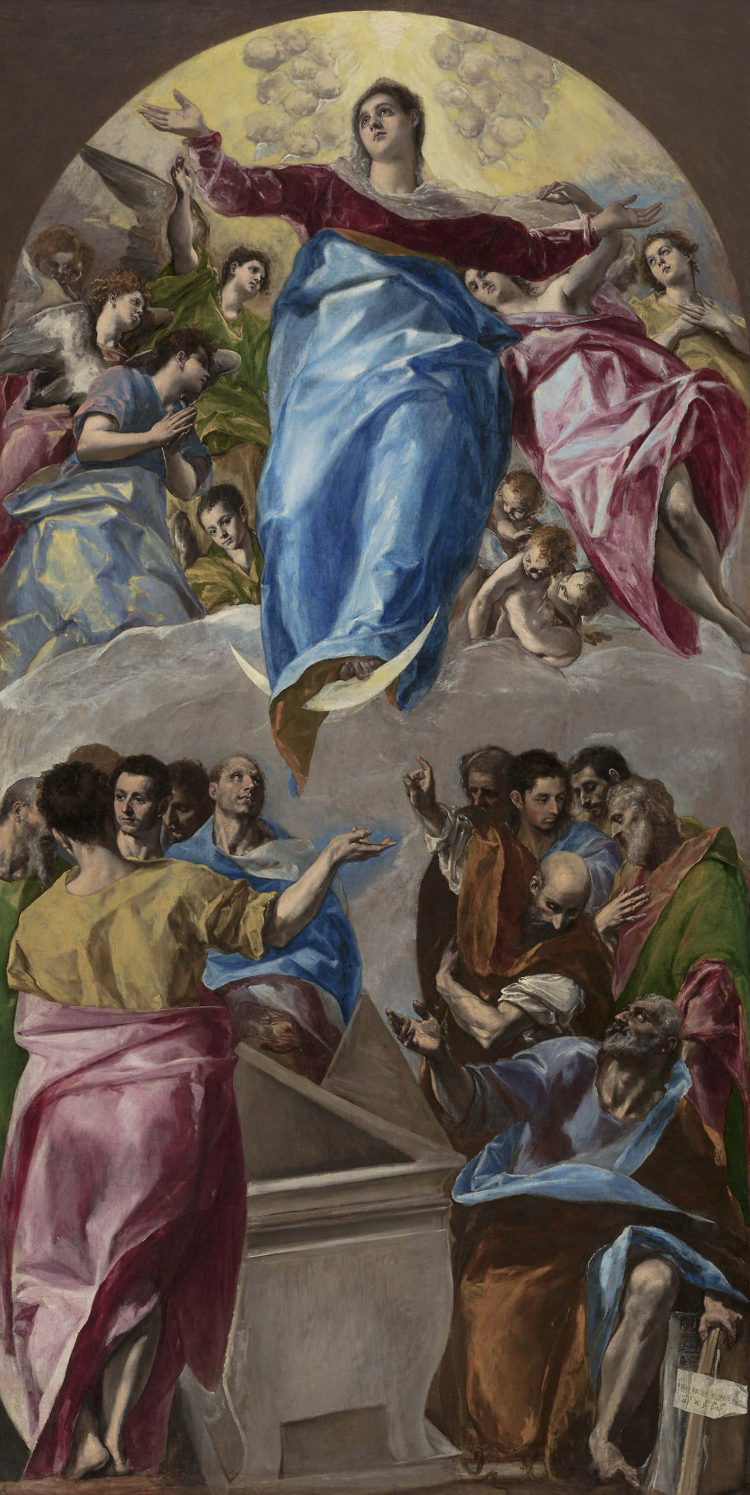 Assumption of Mother Mary, blue and red robes, golden haloed sky, 2K Phone Wallpaper