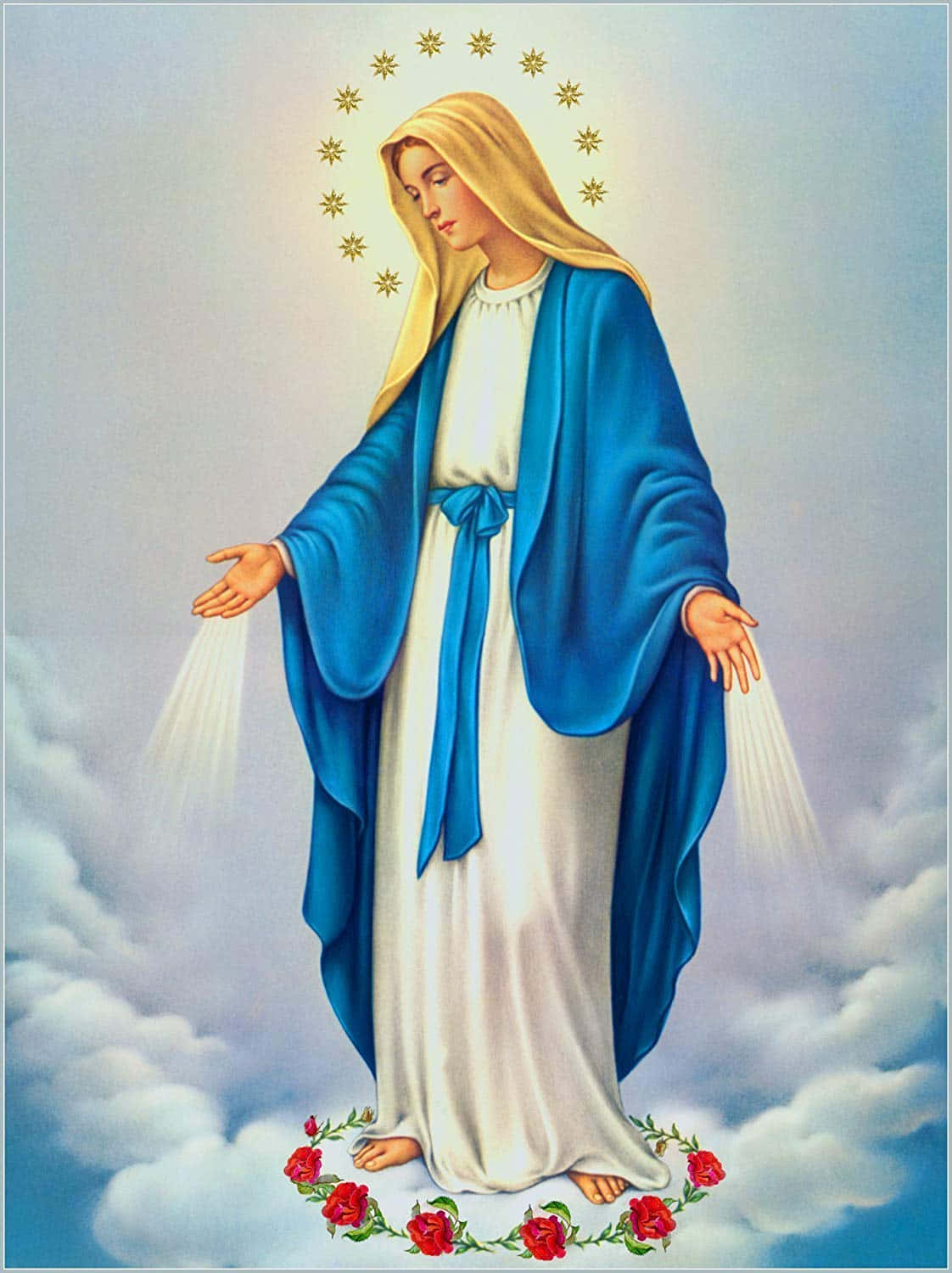 Mother Mary, blue and white robes, golden halo of stars, HD Phone Wallpaper