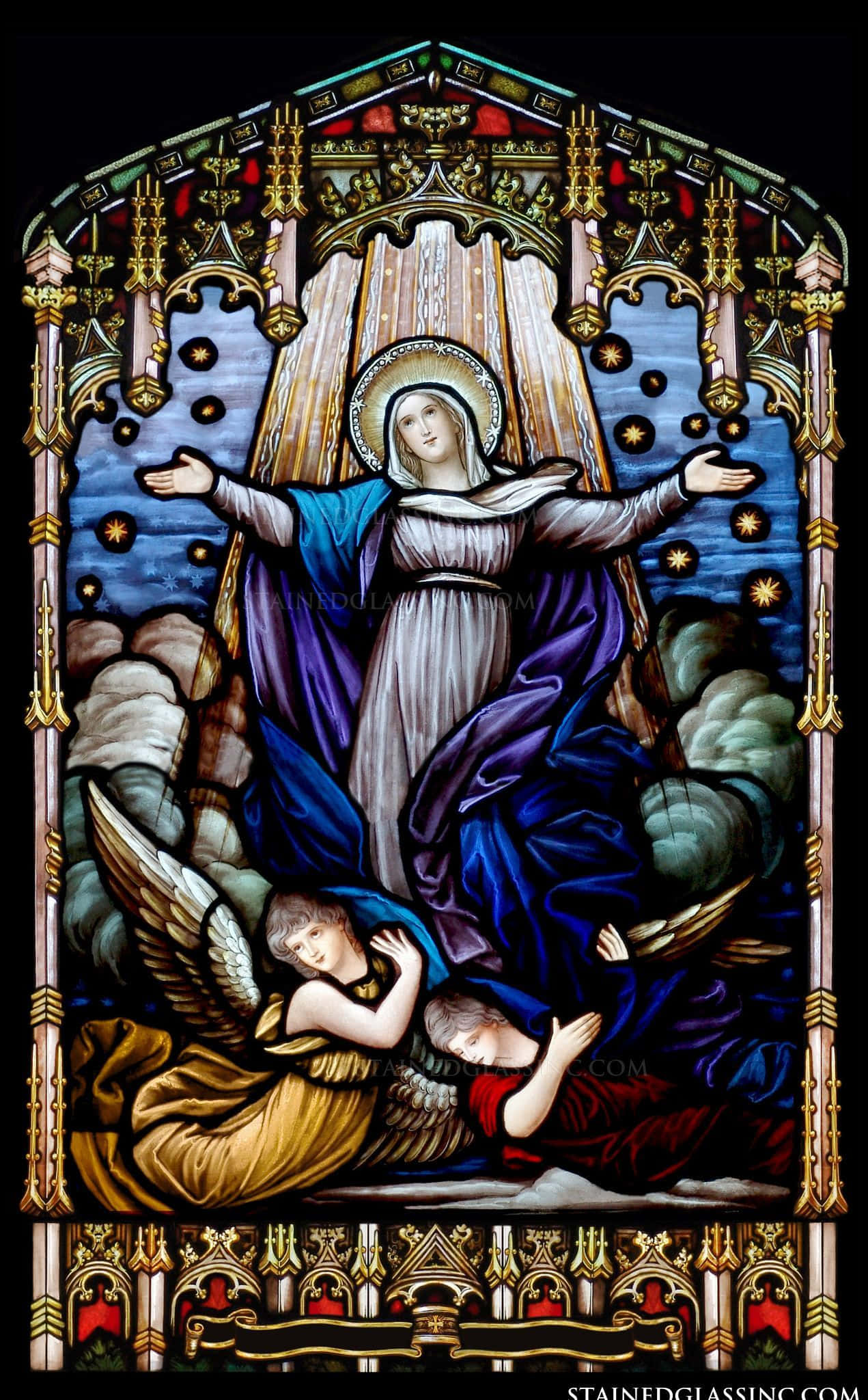 Assumption of Mother Mary, stained glass window, radiant figure, Full HD Phone Wallpaper