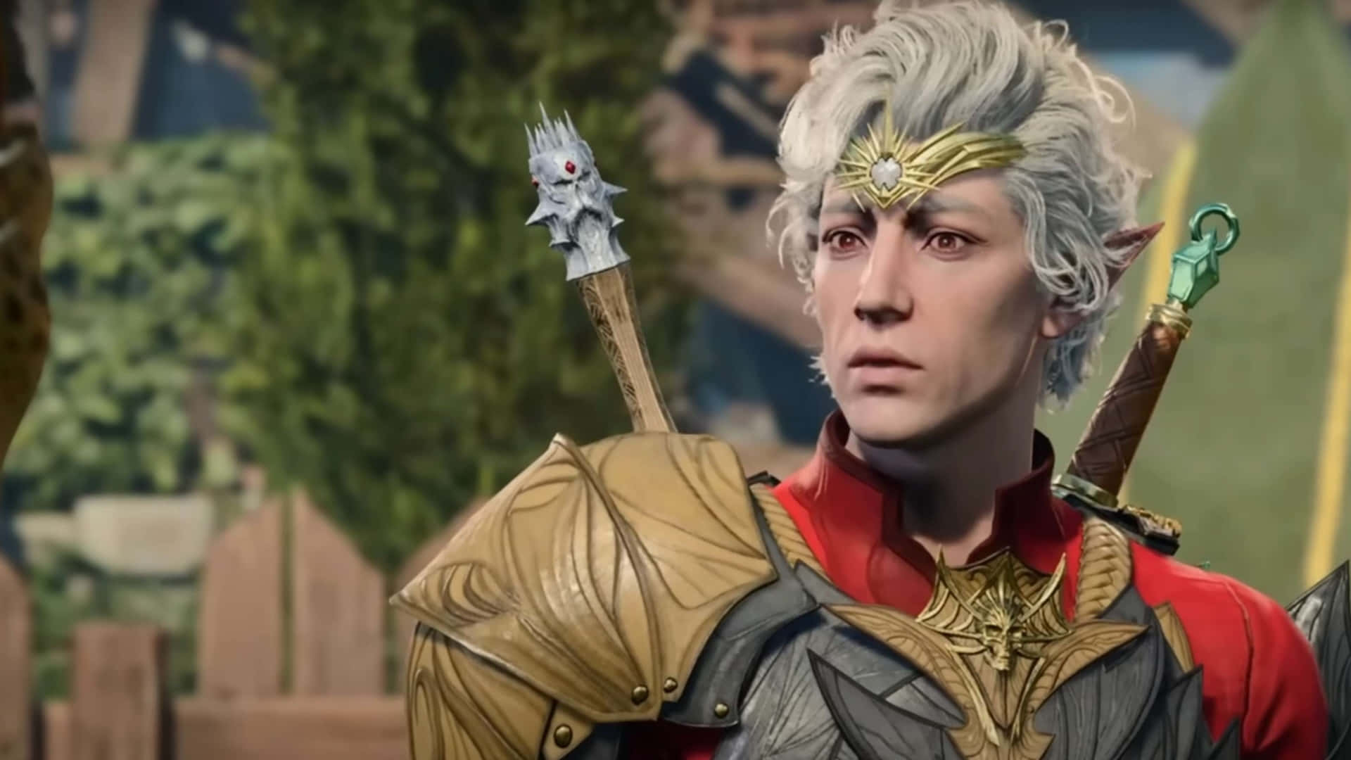 Astarion, white hair, golden armor, Full HD Desktop Wallpaper