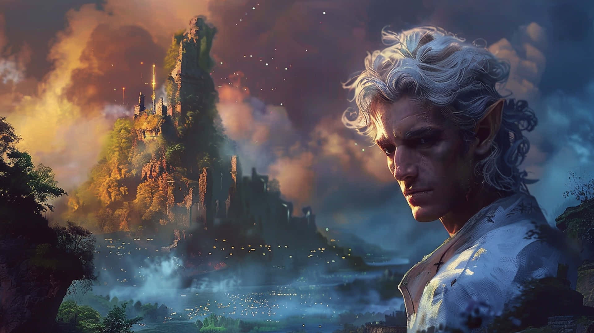 Astarion, silver-haired elf warrior, glowing castle, Full HD Desktop Wallpaper
