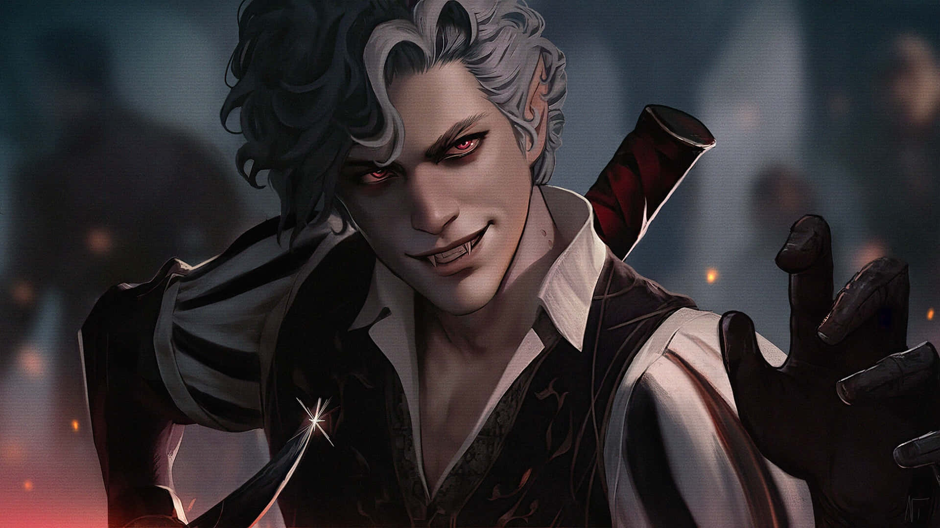 Astarion, silver hair, red eyes, Full HD Desktop Wallpaper