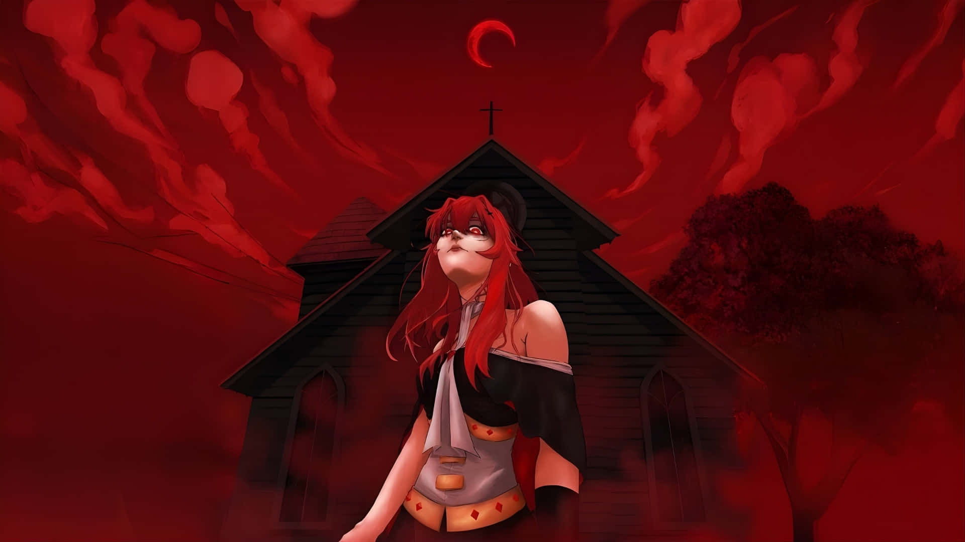 Asteria, dark church, blood-red sky, Full HD Desktop Wallpaper