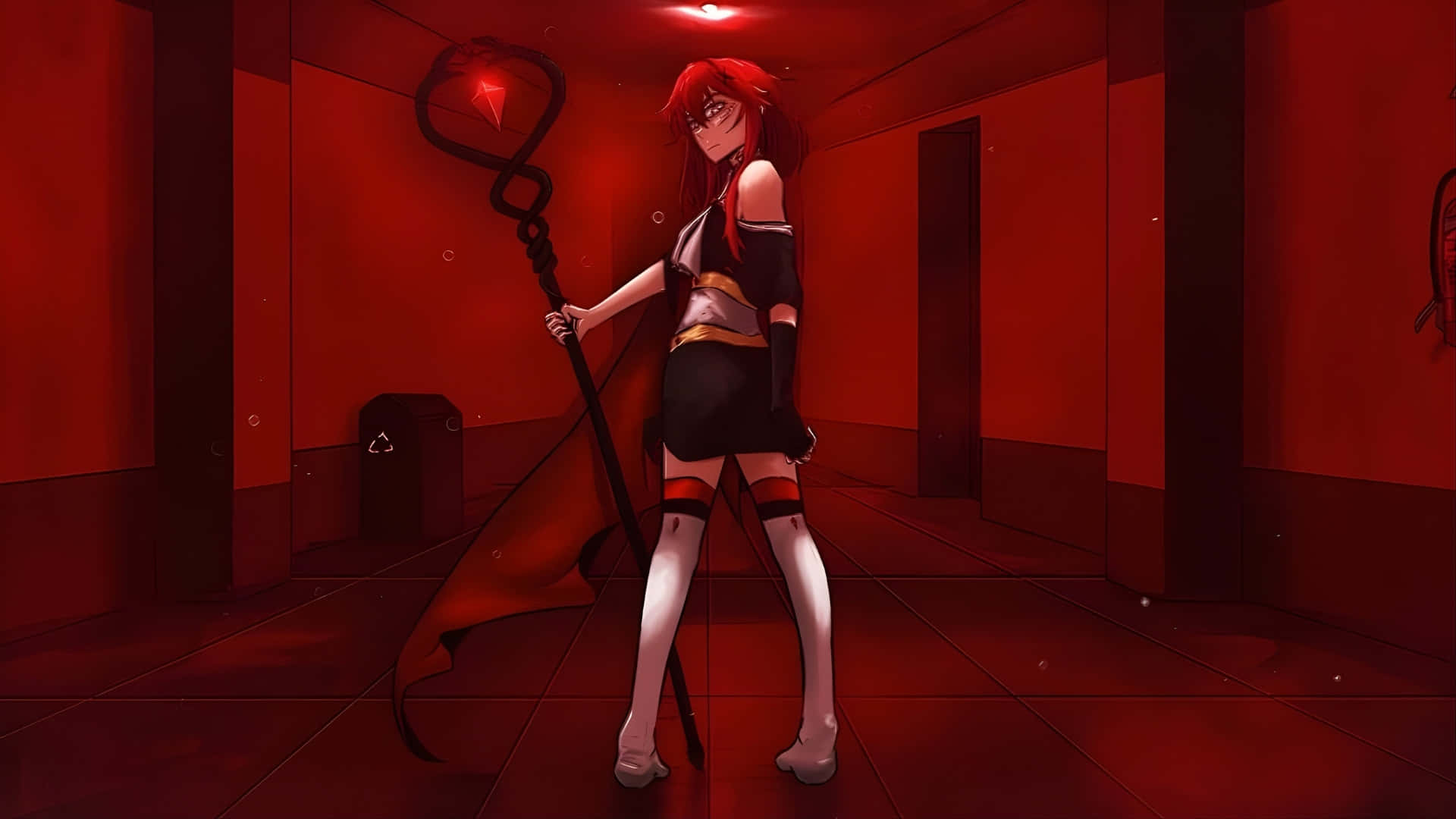 Asteria, red-haired anime girl, black and red outfit, Full HD Desktop Wallpaper